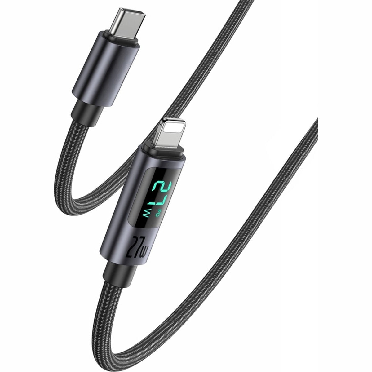 Een zwarte gevlochten oplaadkabel met USB-C- en Lightning-connectoren. Een display toont 27W opladen. Witte achtergrond.
