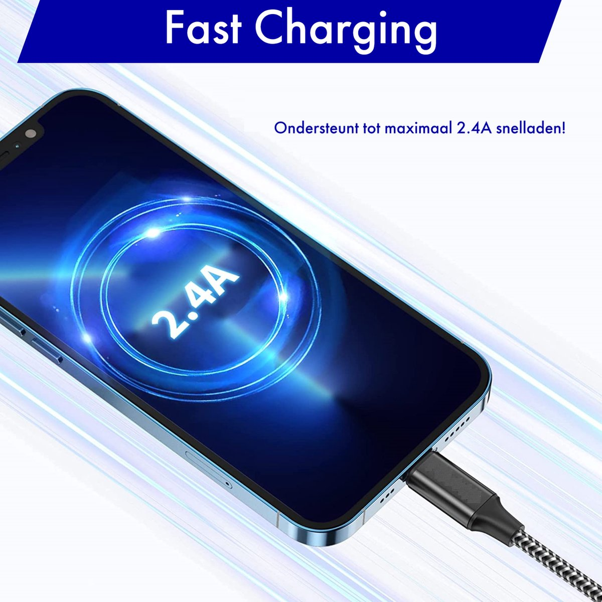 Een telefoon die oplaadt met een kabel. Het scherm toont een oplaadsymbool met 2.4A. Boven staat Snellaad.