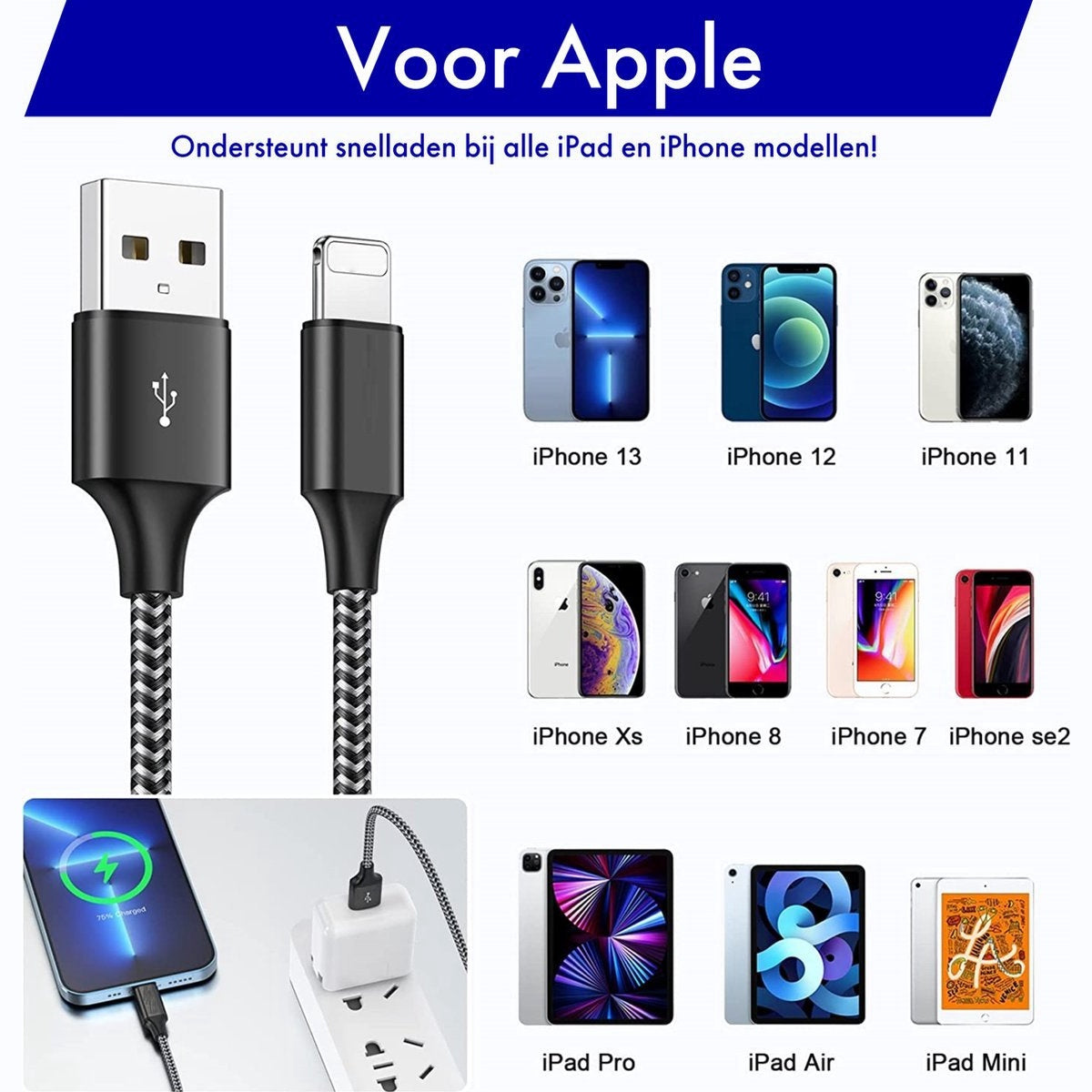 Een advertentie toont oplaadkabels, iPhones en iPads. Tekst geeft snelladen aan voor alle iPad- en iPhone-modellen.