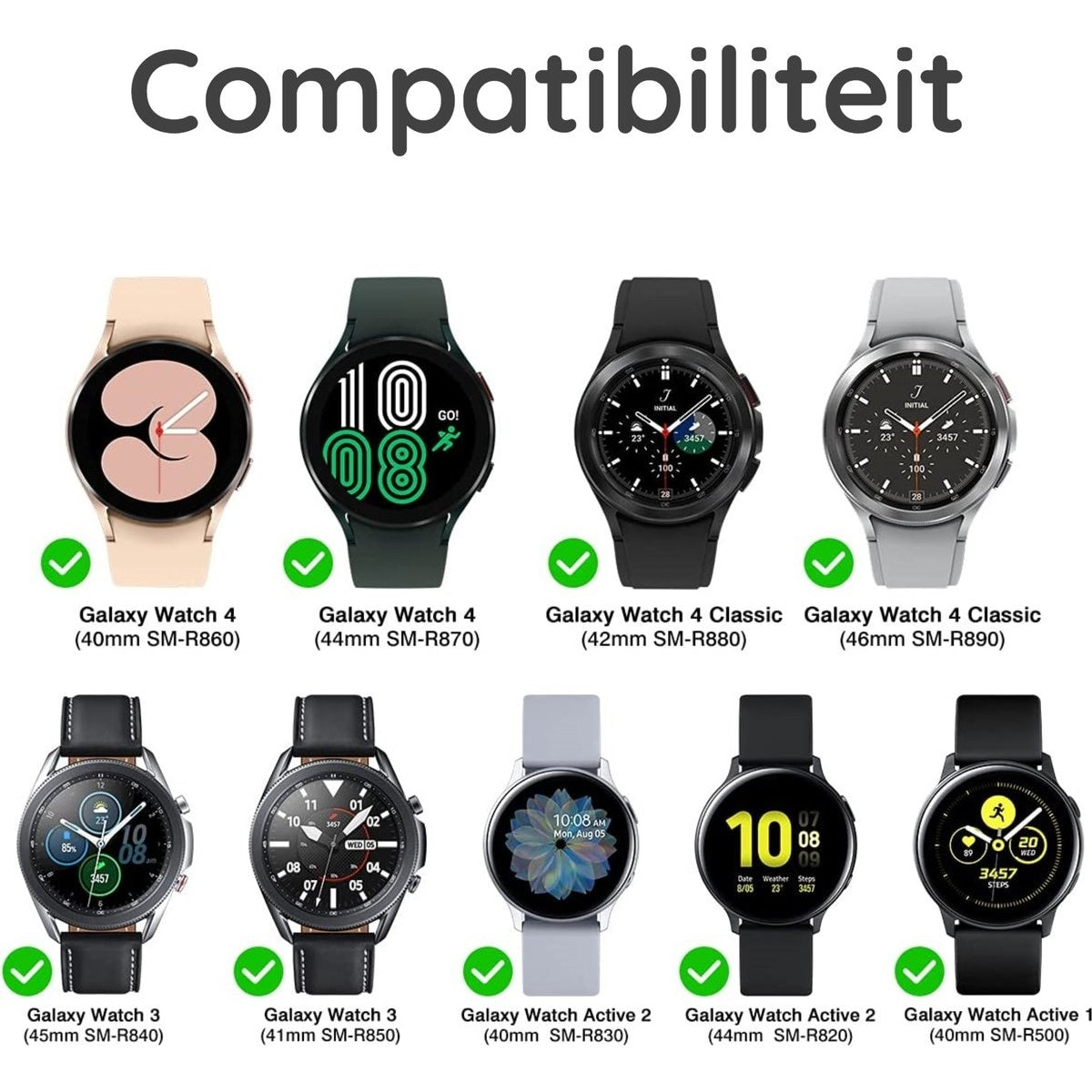 Image displays nine smartwatches with green checkmarks. Watches include Galaxy Watch 4, 3, Active 2, and 1 models with sizes.