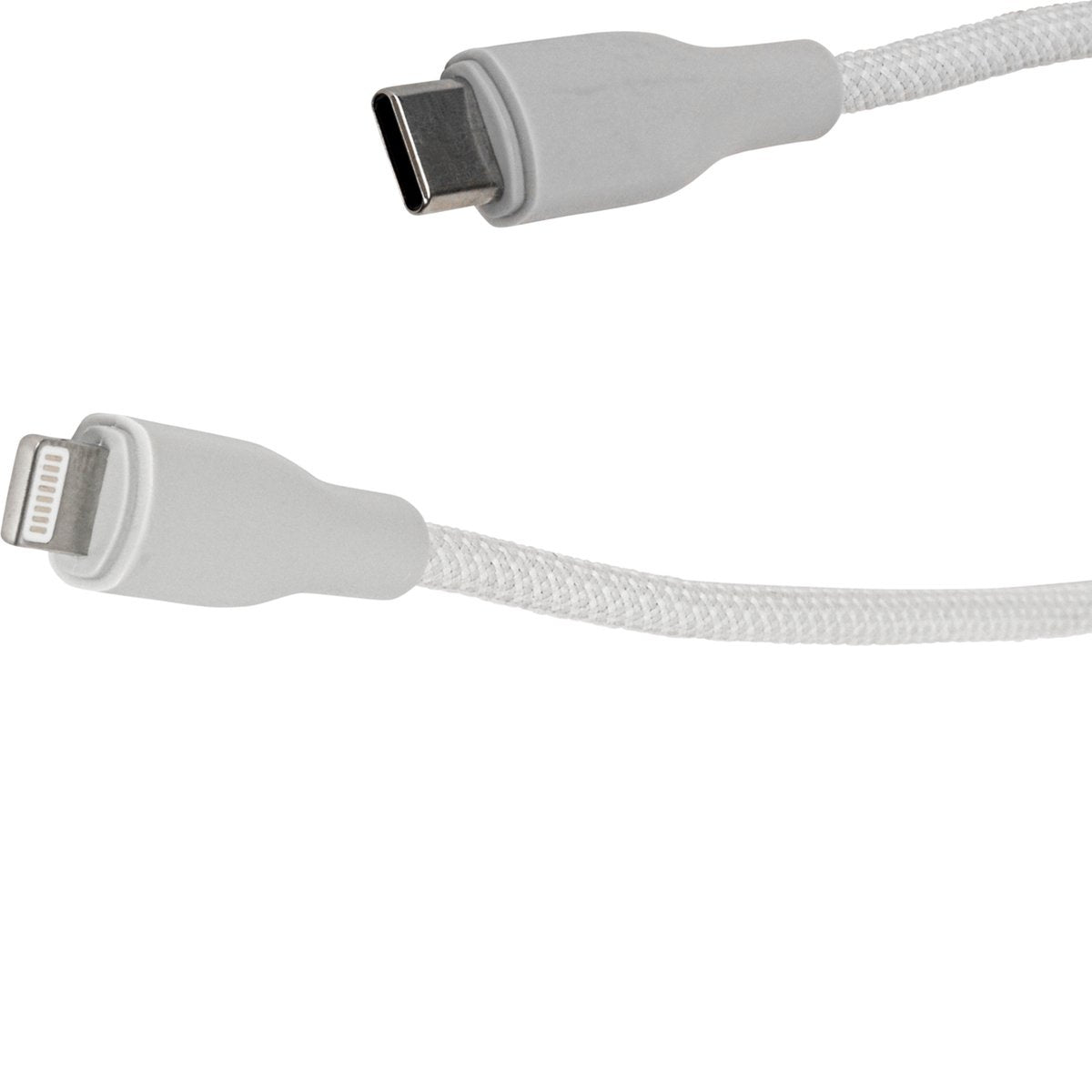 Witte USB-C naar Lightning kabel met grijze connectoren. De kabel is wit gevlochten en de connectoren zijn grijs.
