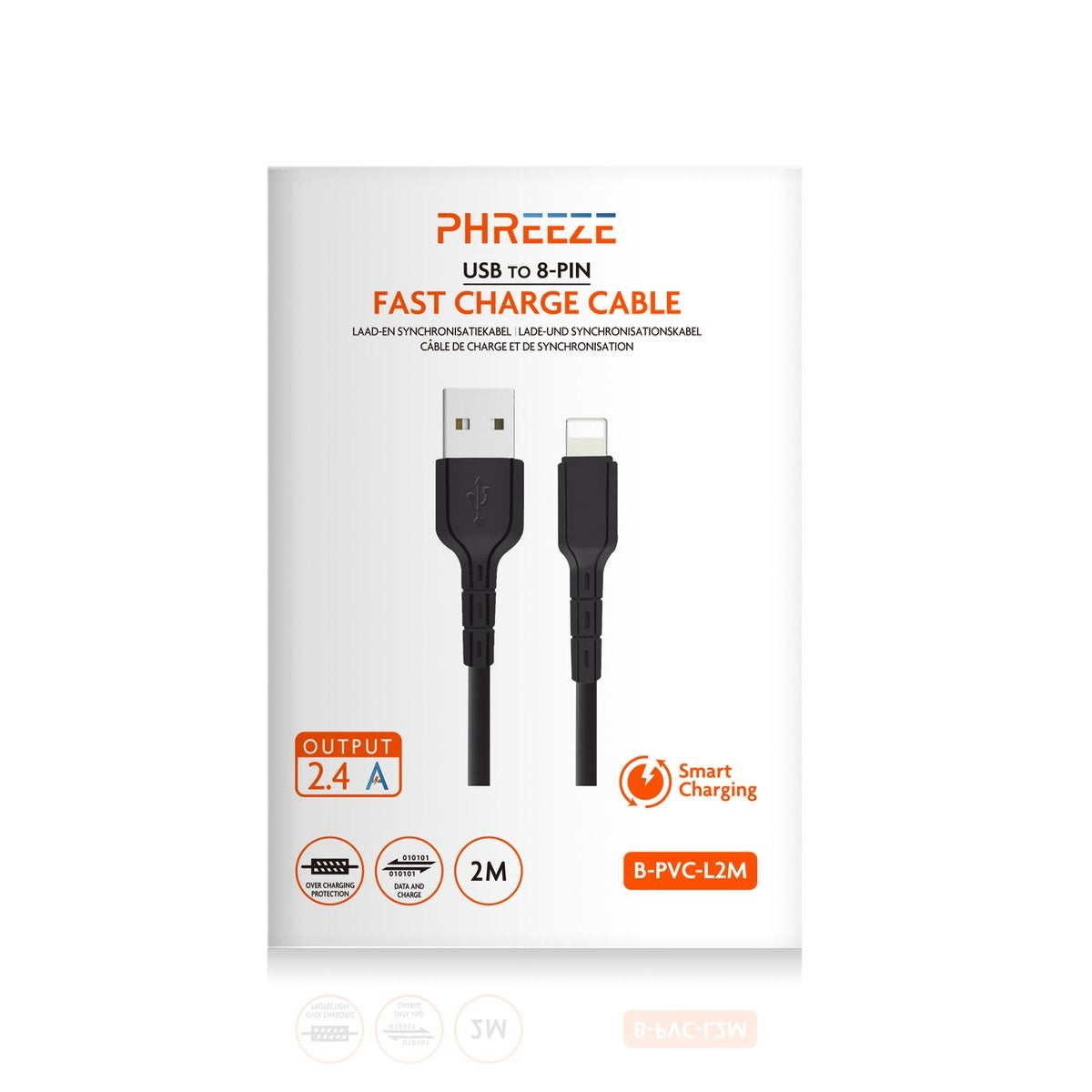 A black USB to 8-pin fast charge cable is displayed on a white background. The packaging has text and icons.