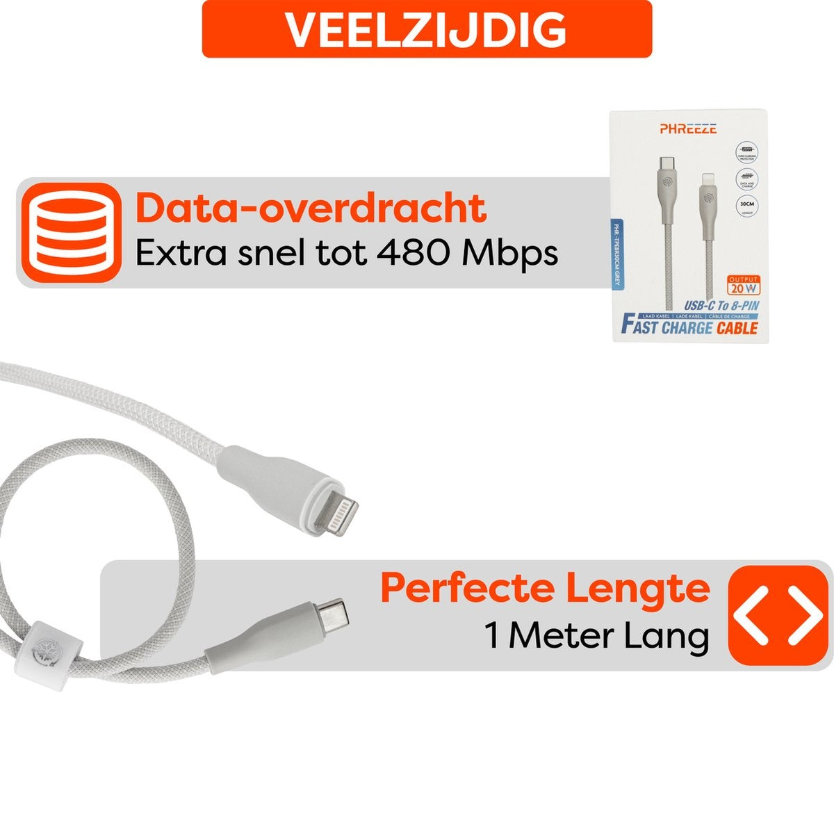 Een witte USB-C naar 8-pins oplaadkabel op een witte achtergrond, met verpakking en tekstoverlays.