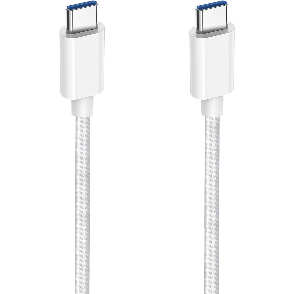 Twee witte USB-C-kabels met blauwe binnenkant. Ze hebben gevlochten snoeren. De achtergrond is wit.