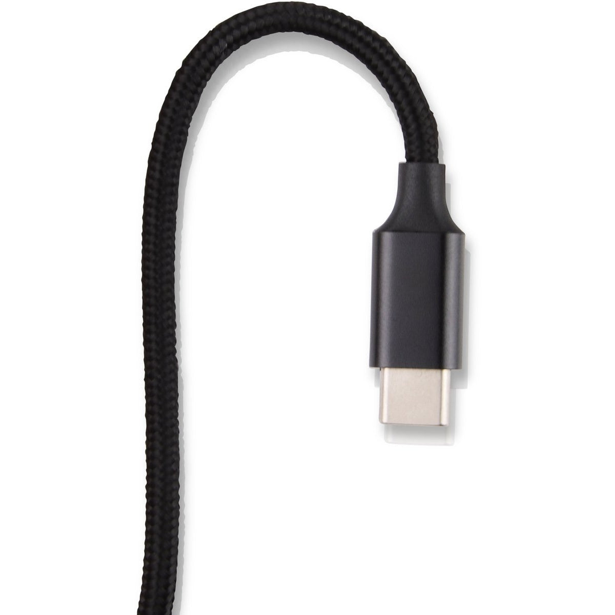 A black USB-C cable against a white background. The cable is braided and arches. The connector is black with a silver tip.