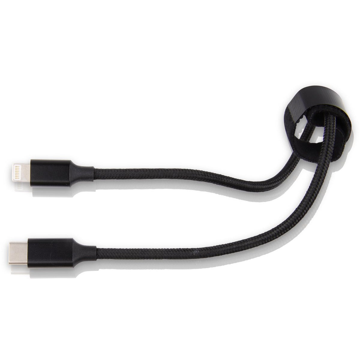 Black charging cable with two connectors. One is a lightning connector, the other is a USB-C. A black strap holds the cables together.
