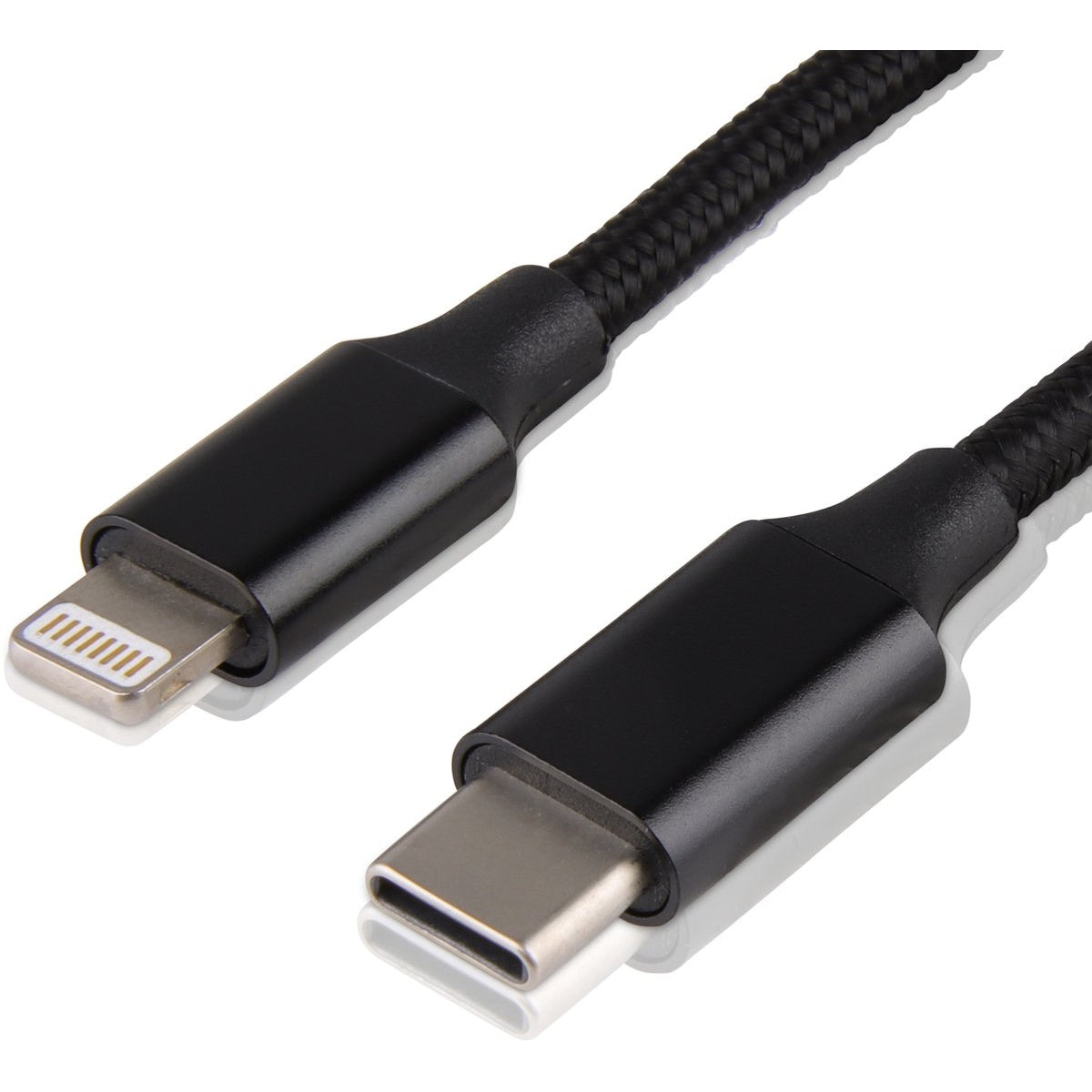 A black charging cable with Lightning and USB-C connectors. The cable has a woven texture. Connectors are black and silver.