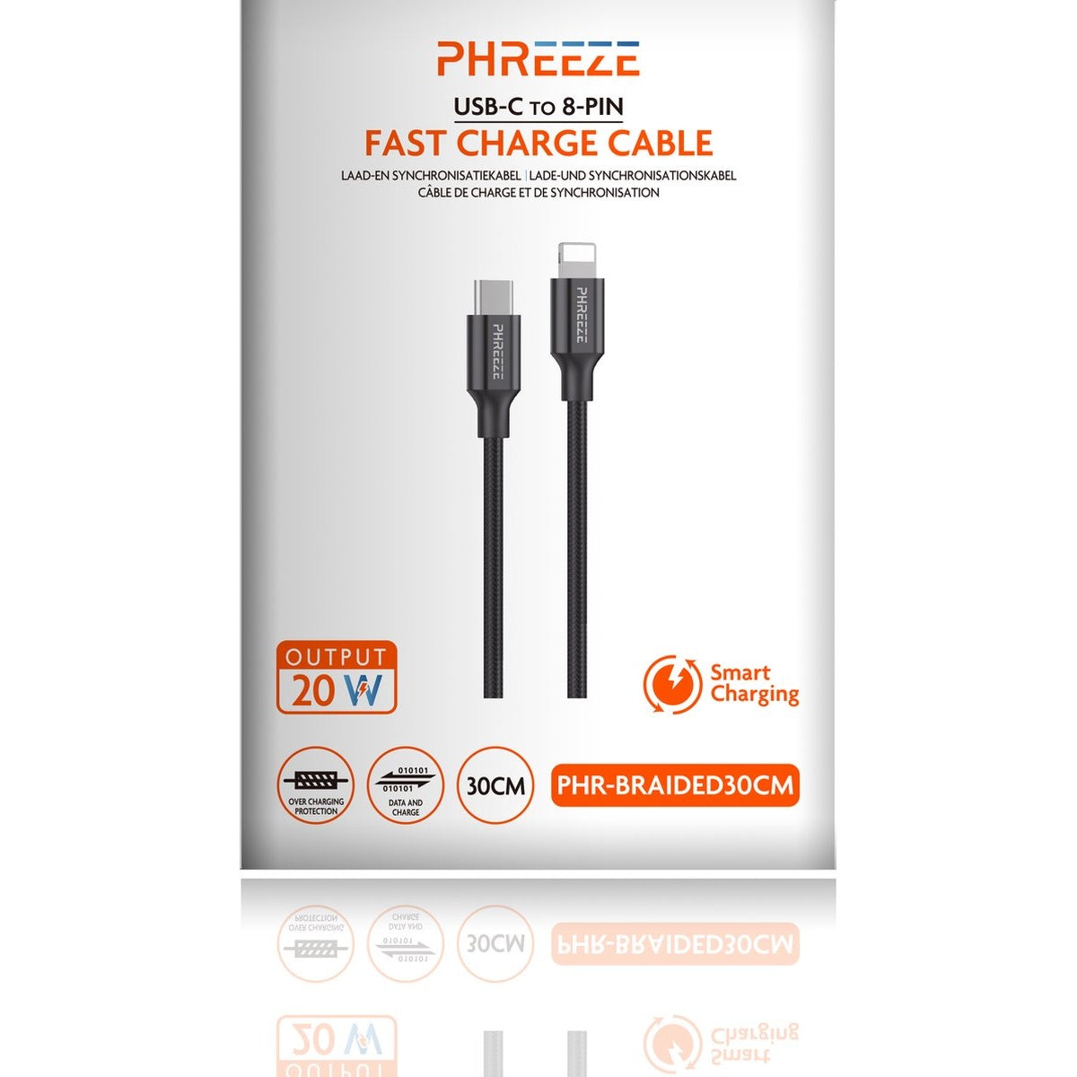 A black USB-C to 8-Pin fast charge cable on a white background. The packaging includes the brand name PHREEZE and specifications.