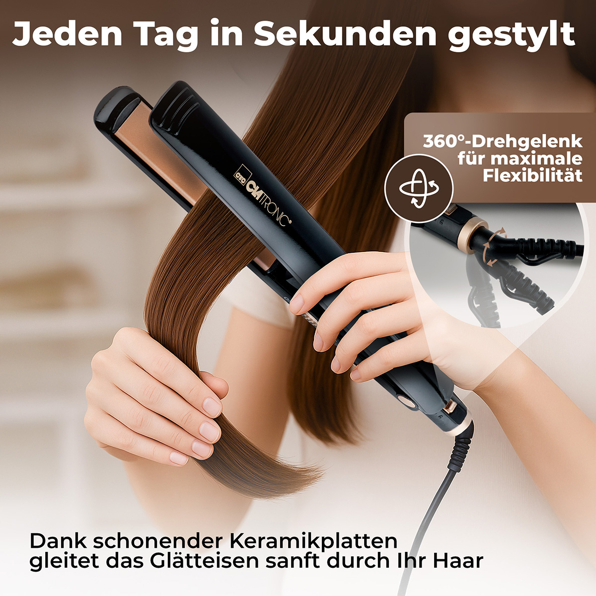 Kobieta używa czarnej prostownicy do włosów. Brązowe włosy są prostowane. Tekst mówi: 'Gładkie ceramiczne płytki przesuwają się po włosach'.