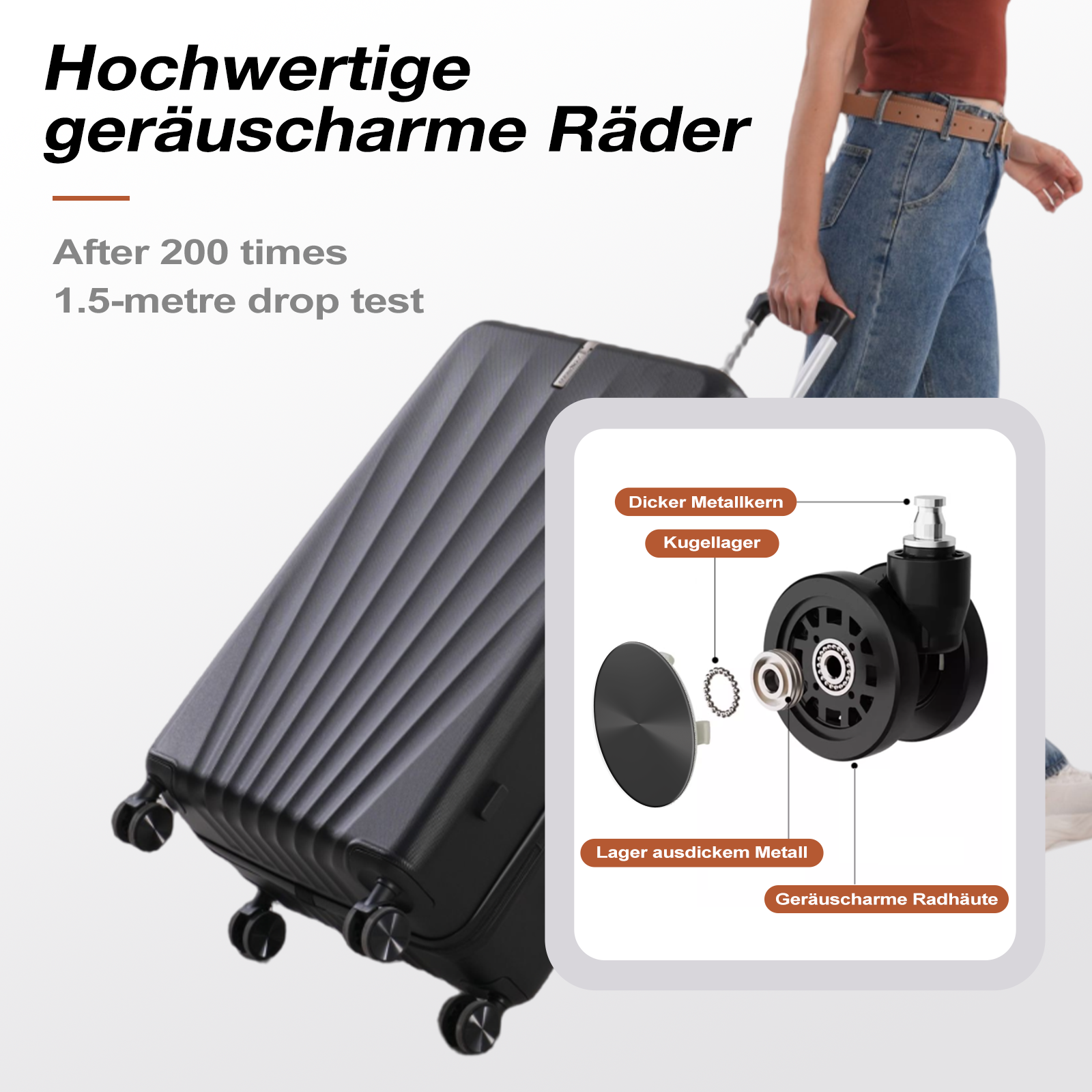 Ein schwarzer Koffer mit robusten Rädern wird von einer Person gezogen. Die Radkomponenten sind in einer Grafik detailliert dargestellt.