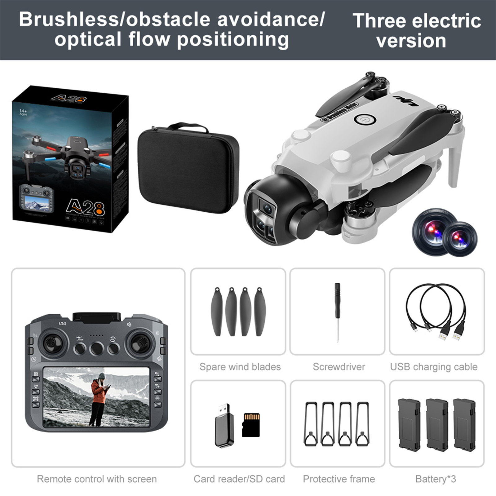 Ein Drohnen-Kit mit Drohne, Fernbedienung, Batterien, Ersatzklingen und anderem Zubehör, alles vor weißem Hintergrund.