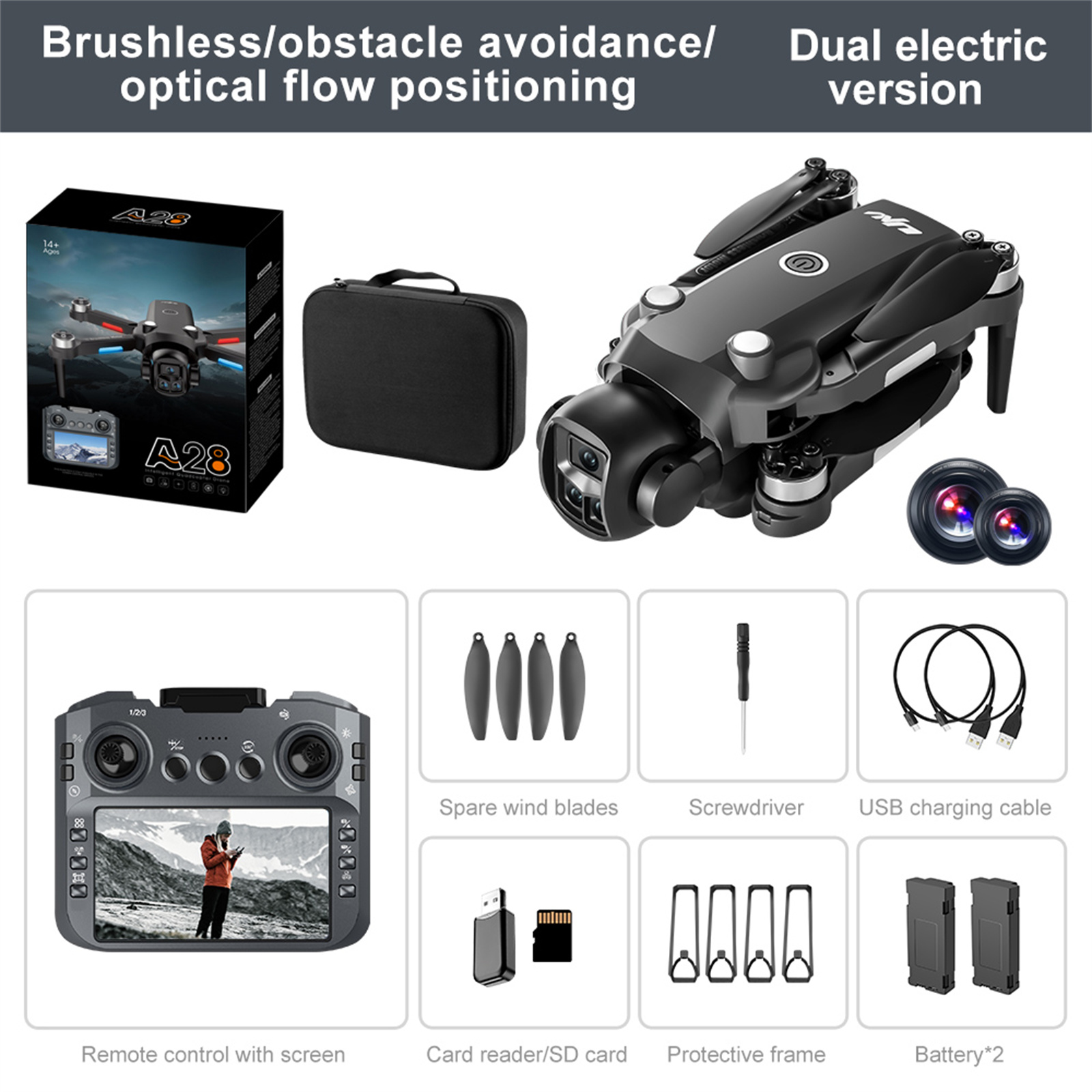 Eine schwarze Drohne mit Zubehör, darunter Ersatzblätter, ein Schraubendreher und eine Fernbedienung mit Bildschirm sowie Batterien.