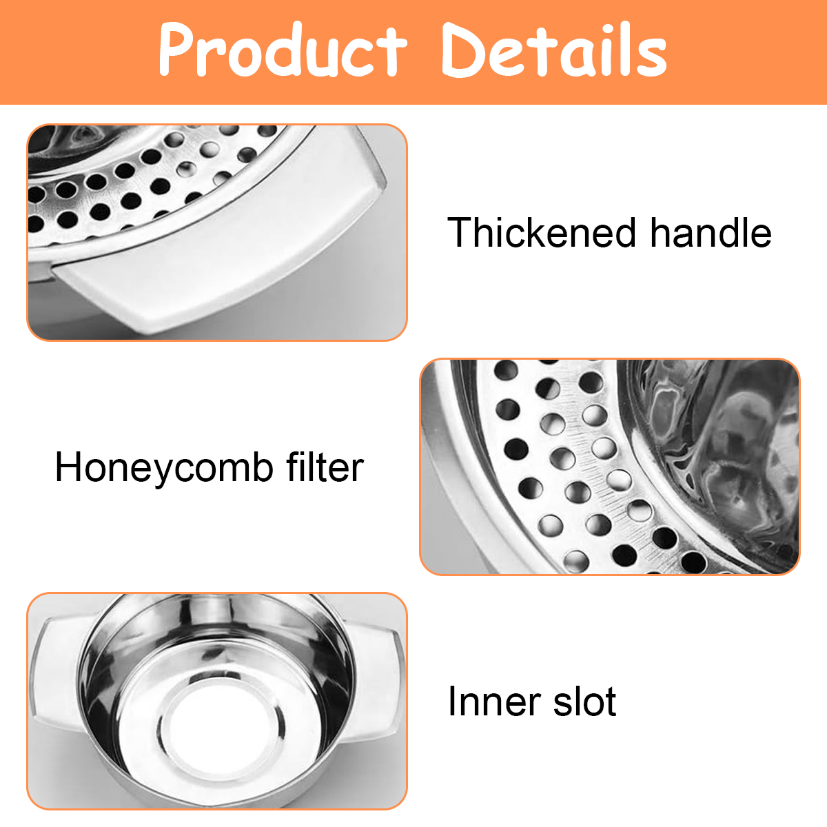 Produktdetails mit vier Bildern: verdickter Griff, Wabenfilter, Innenschlitz und eine Detailansicht mit mehreren Löchern.