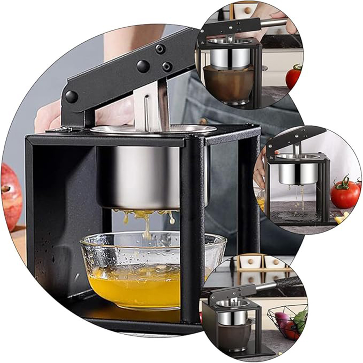 Eine schwarze manuelle Saftpresse ist zu sehen, mit Saft, der in eine Glasschüssel tropft. Insets zeigen Tomaten und einen Gemüsekörbchen.
