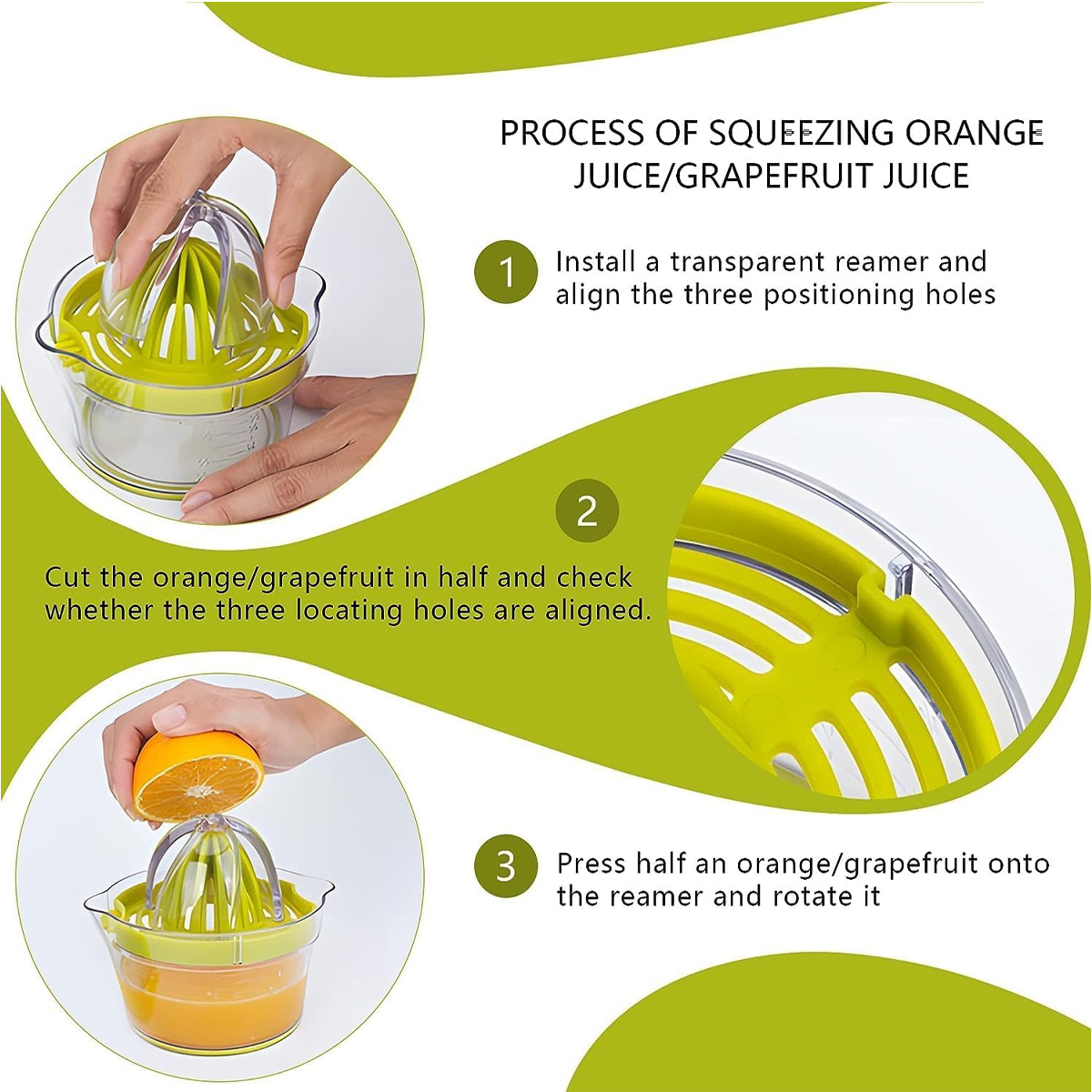 Diagramm, das zeigt, wie man Orangen-/Grapefruitsaft presst. Enthält eine Saftpresse, Hände und eine Orange. Schritte sind nummeriert und beschrieben.