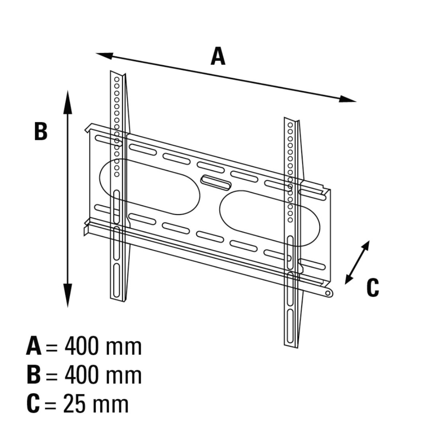 Diagramm einer TV-Wandhalterung mit Abmessungen. Zeigt A=400mm, B=400mm, C=25mm. Die Halterung ist schwarz und hat Löcher.