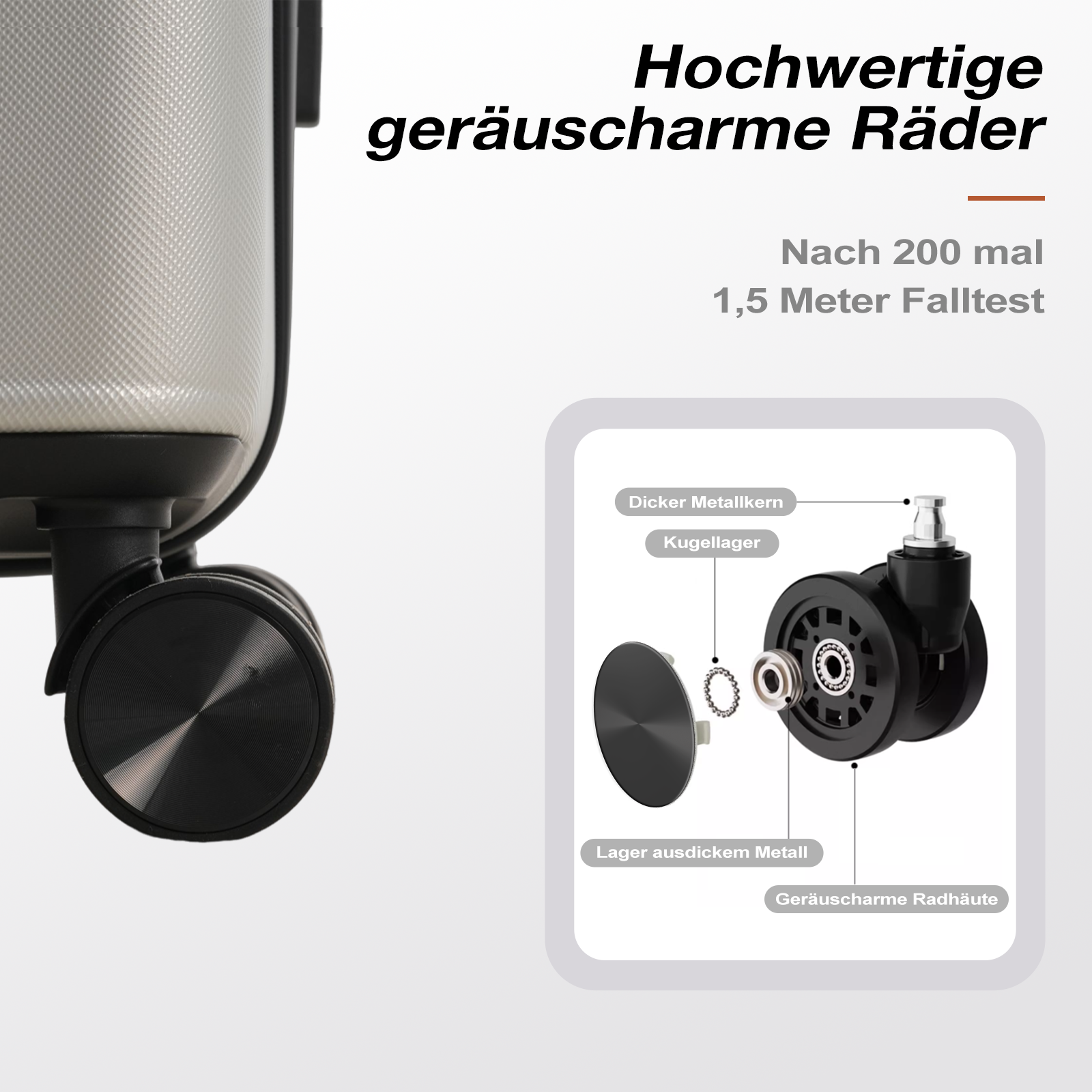 Das Bild zeigt ein Koffer-Rad und seine Komponenten. Text deutet darauf hin, dass es sich um ein hochwertiges, geräuschreduzierendes Rad handelt.