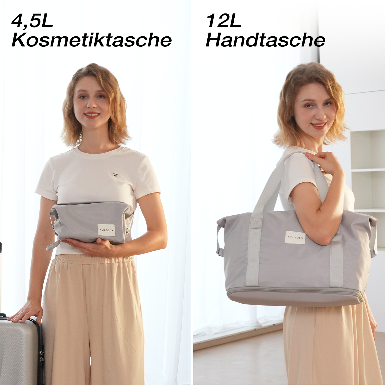 Eine Frau hält eine kleine graue Kosmetiktasche und eine große graue Tragetasche. Sie trägt ein weißes T-Shirt und beige Hosen.