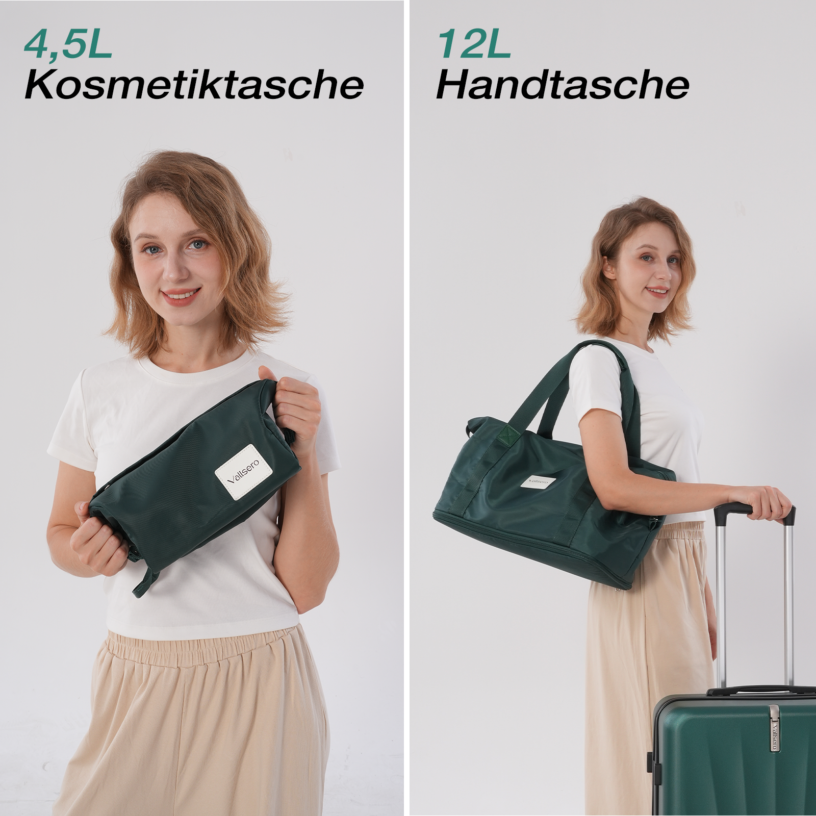 Eine Frau hält eine grüne Kosmetiktasche und eine Handtasche. Sie stehen vor einem weißen Hintergrund.