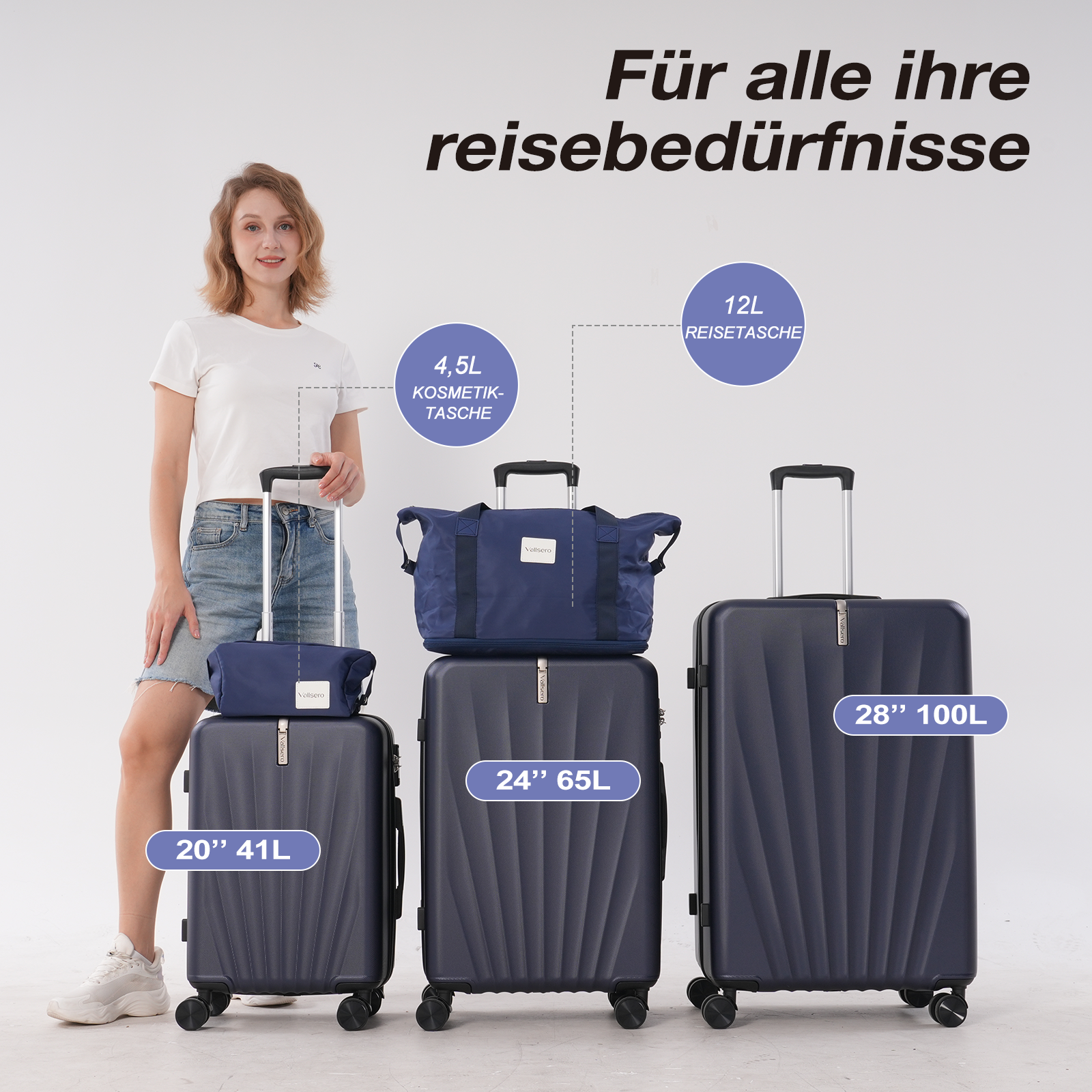 Eine Frau steht neben Gepäcksets. Es gibt drei Koffer, eine Kosmetiktasche und eine Reisetasche in Dunkelblau. Der Text lautet 'reisebedürfnisse'.