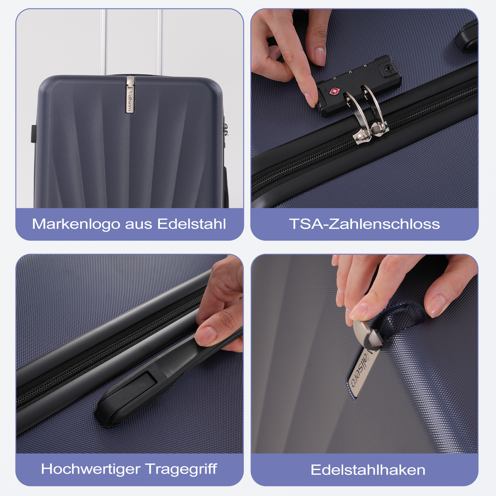 Nahaufnahmen eines marineblauen Koffers, die Details wie ein Metalllogo, ein TSA-Schloss, einen Griff und einen Metallhaken zeigen.