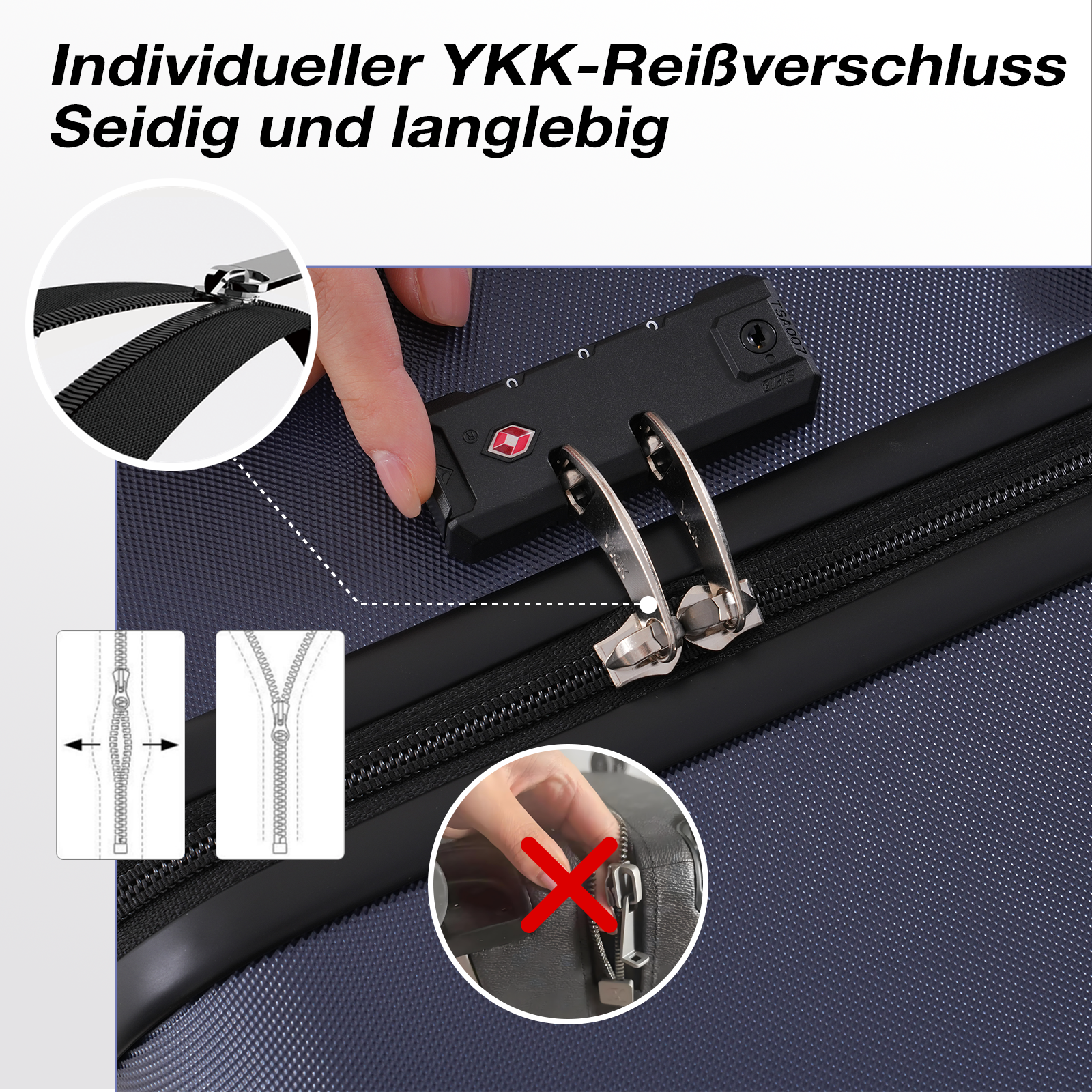 Das Bild zeigt einen Koffer mit einem YKK-Reißverschluss. Details umfassen einen Reißverschluss, ein Schloss und eine Hand.
