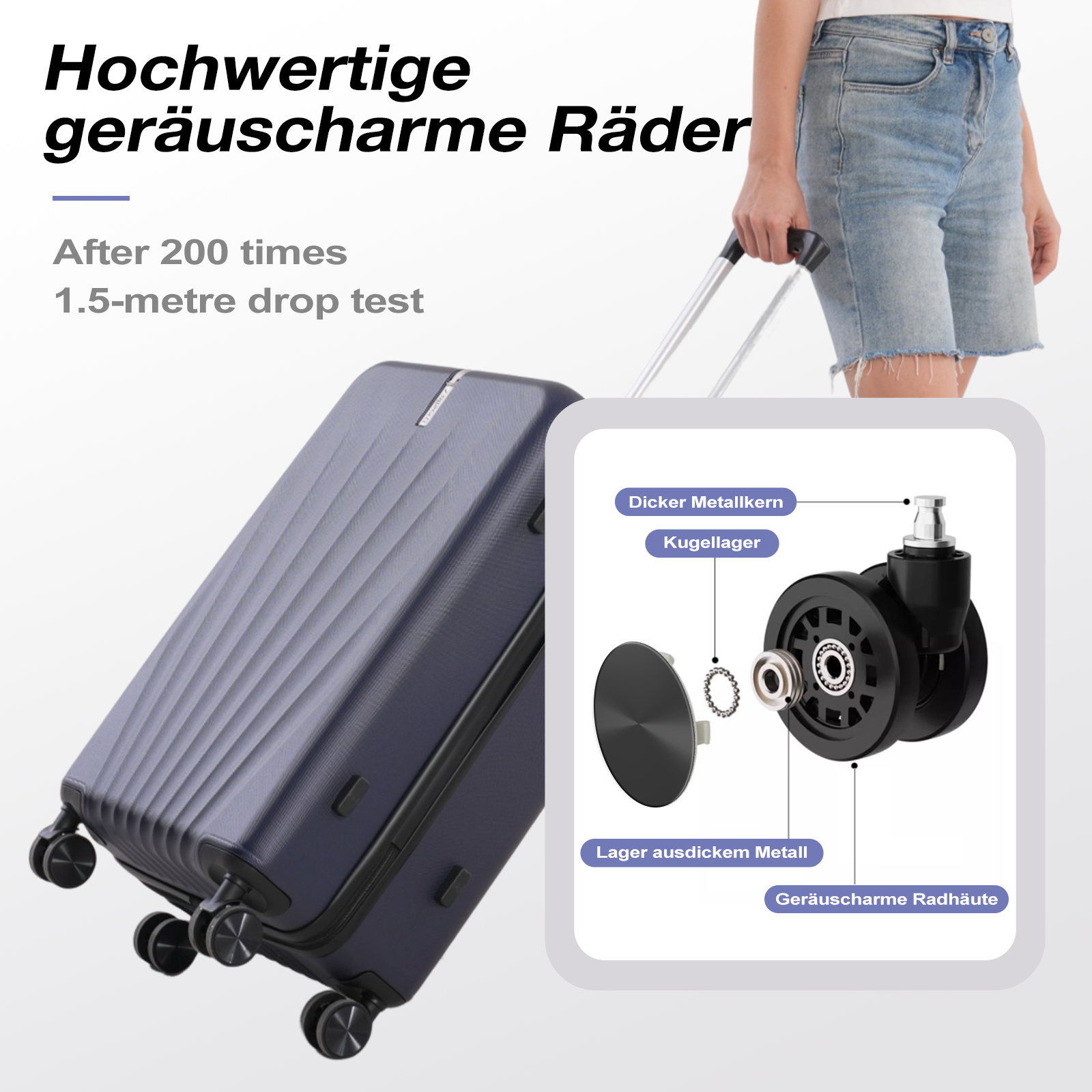 Ein blauer Koffer mit leisen Rollen. Eine Person hält den Griff. Diagramm zeigt Radkomponenten.