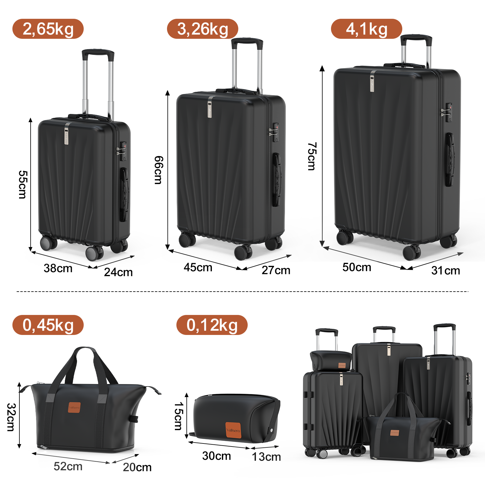 Afbeelding toont een set zwarte bagage, waaronder koffers van verschillende formaten en een draagtas, met afmetingen en gewichten.