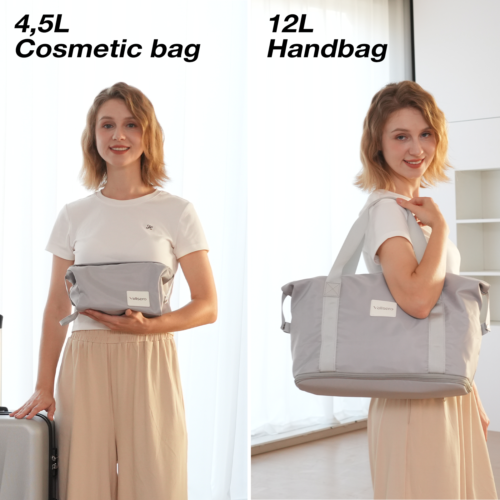 Vrouw die een grijze make-uptas en een handtas vasthoudt, beide met het label 'Vellsero'. Ze draagt een wit shirt en een beige broek.