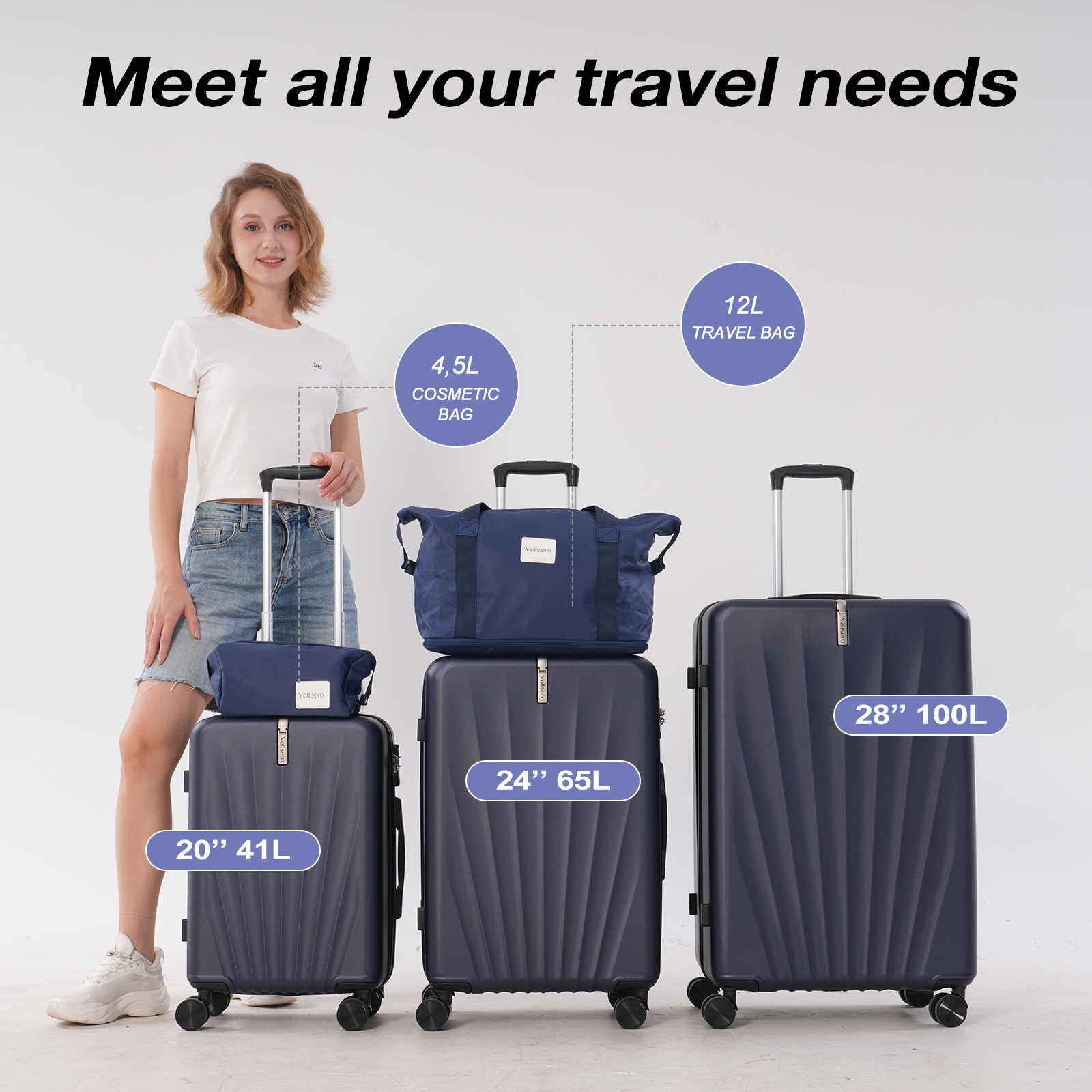 Een vrouw staat bij bagage. Er zijn drie koffers en twee tassen. Tekst zegt: voldoe aan al uw reisbehoeften.