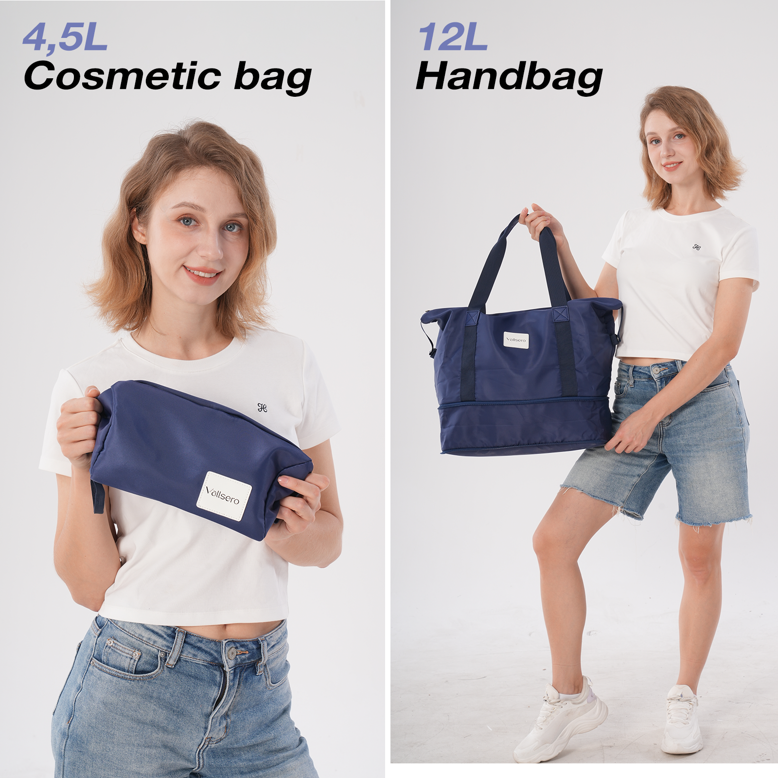 Een vrouw houdt een blauwe make-uptas en een handtas vast. Beide tassen zijn van hetzelfde merk, met een wit logo. Ze draagt een wit topje.