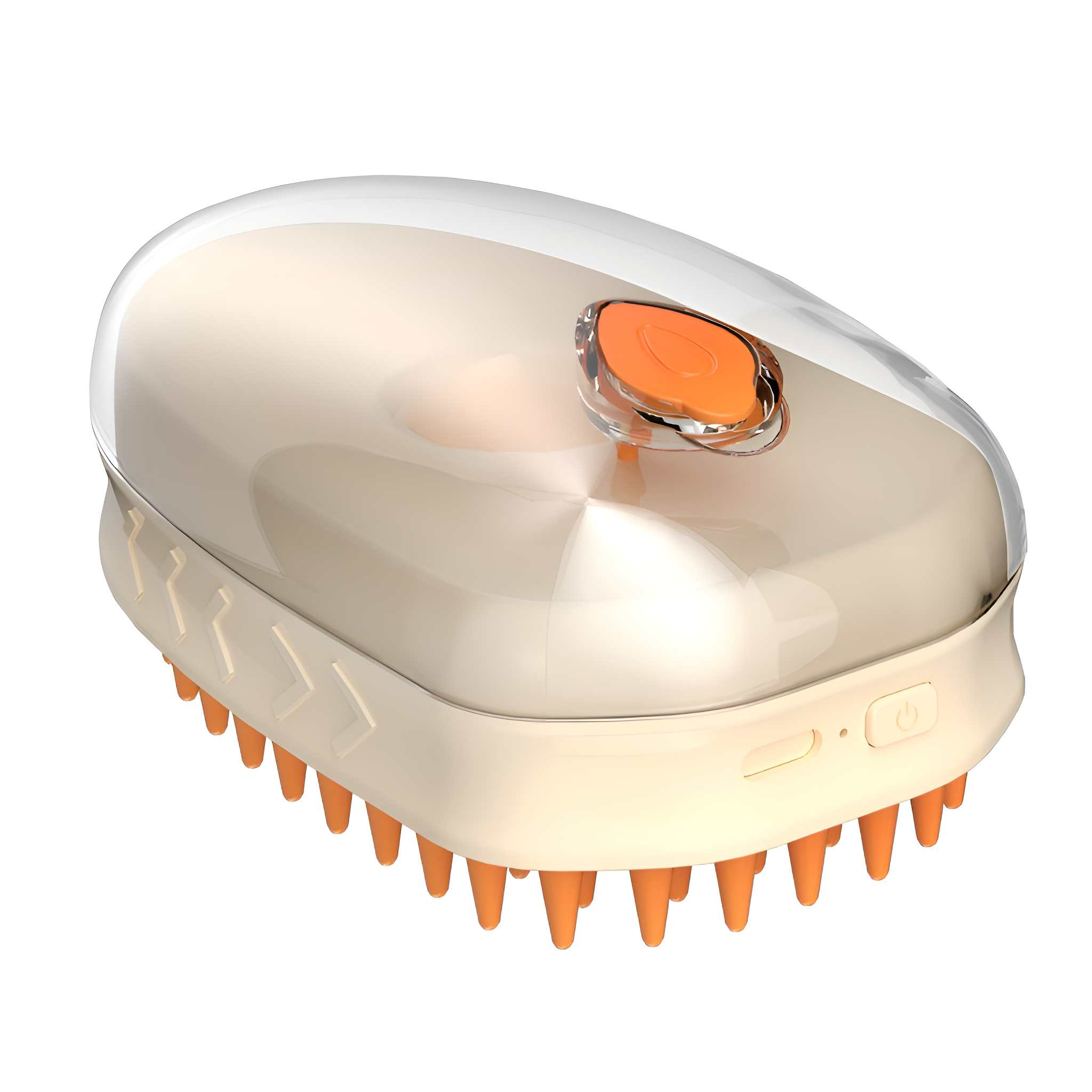 Ein weiß-oranges elektrisches Kopfmassagegerät. Es hat eine transparente Abdeckung, eine orangefarbene Taste und orangefarbene Massagespitzen.