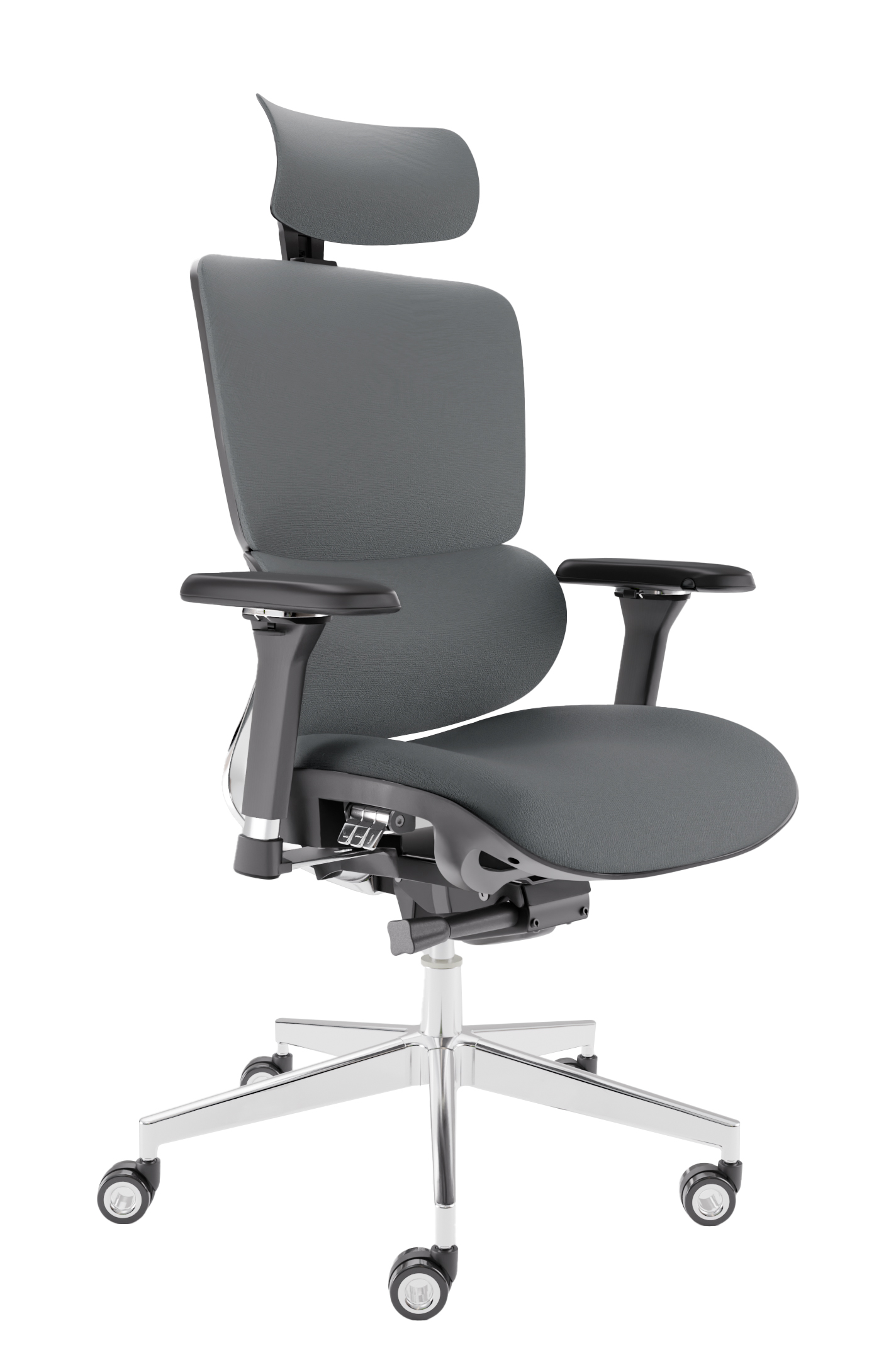 Grauer ergonomischer Bürostuhl mit Kopfstütze, Armlehnen und einem fünfzackigen Fuß mit Rollen, vor weißem Hintergrund.