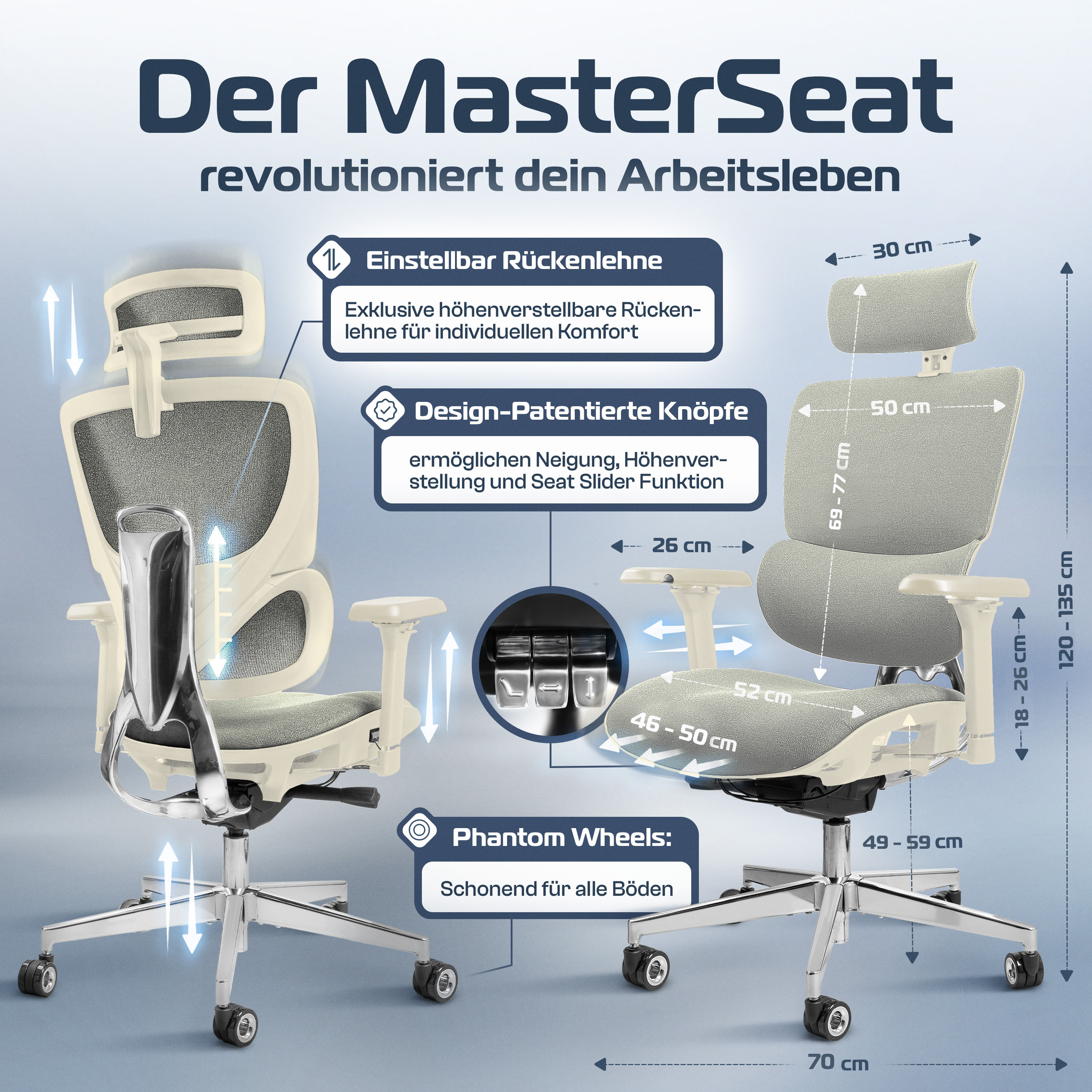Ein grauer und cremefarbener ergonomischer Bürostuhl mit verstellbaren Funktionen und Größenangaben.
