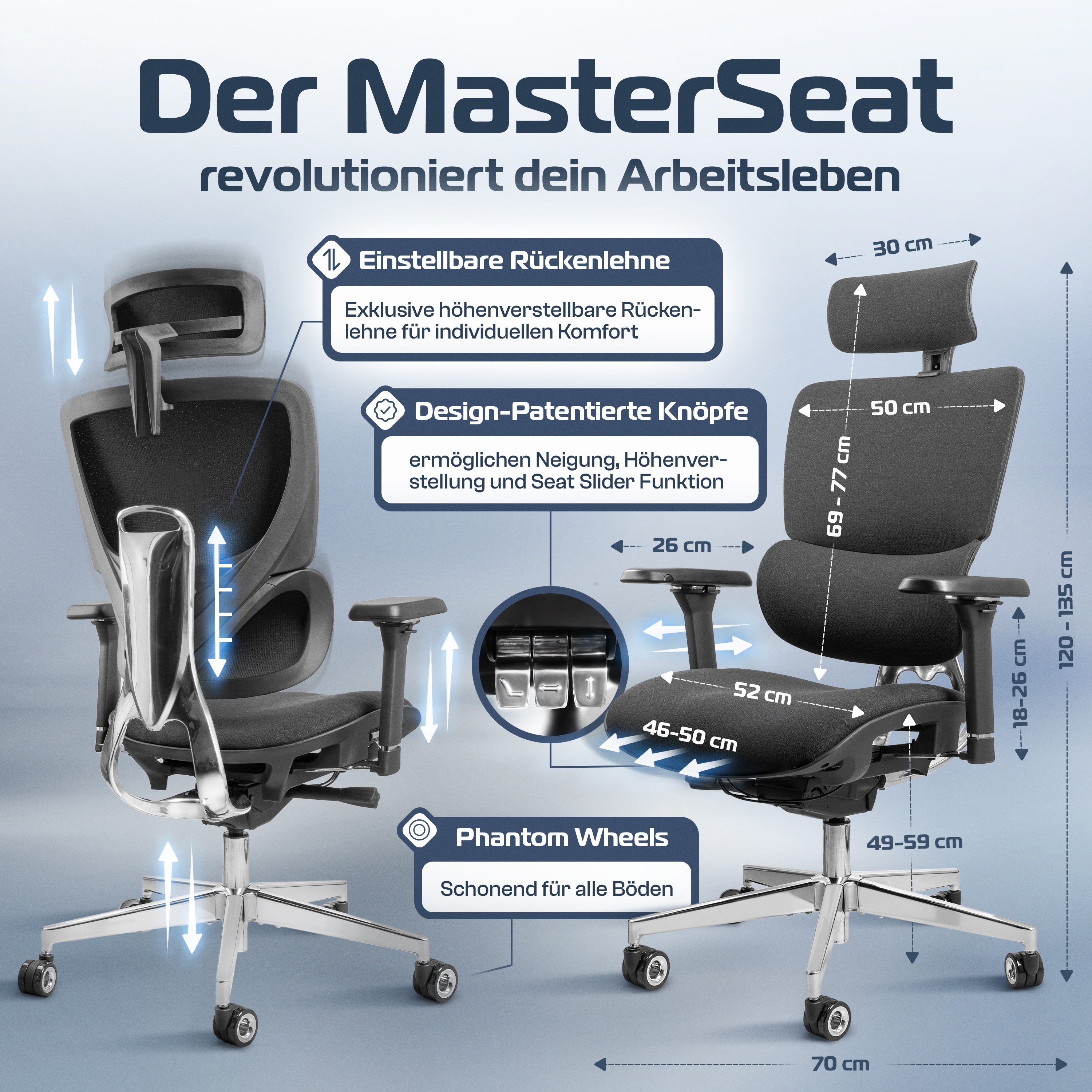 Ein Bürostuhl mit verstellbarer Rückenlehne, Knöpfen und Rädern. Abmessungen sind angegeben. Text auf Deutsch.