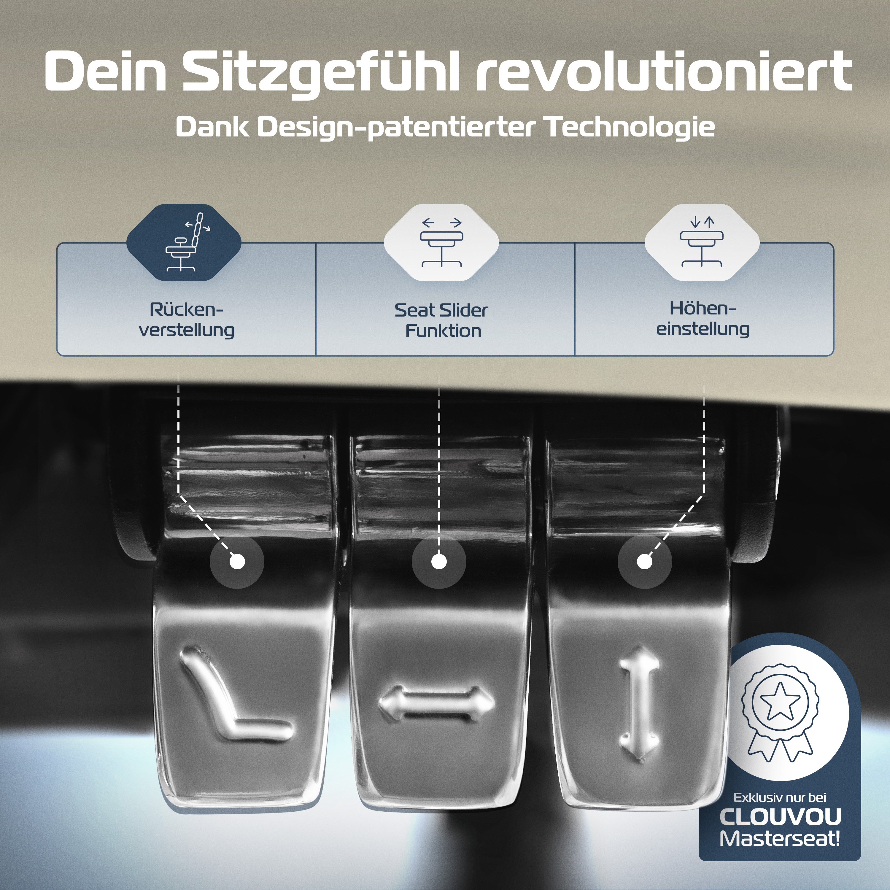 Das Bild zeigt Stuhleinstellungsfunktionen. Der Text weist auf Rückenlehne, Sitzschieber und Höhenverstellung hin. Die Marke ist Clouvou Masterseat.