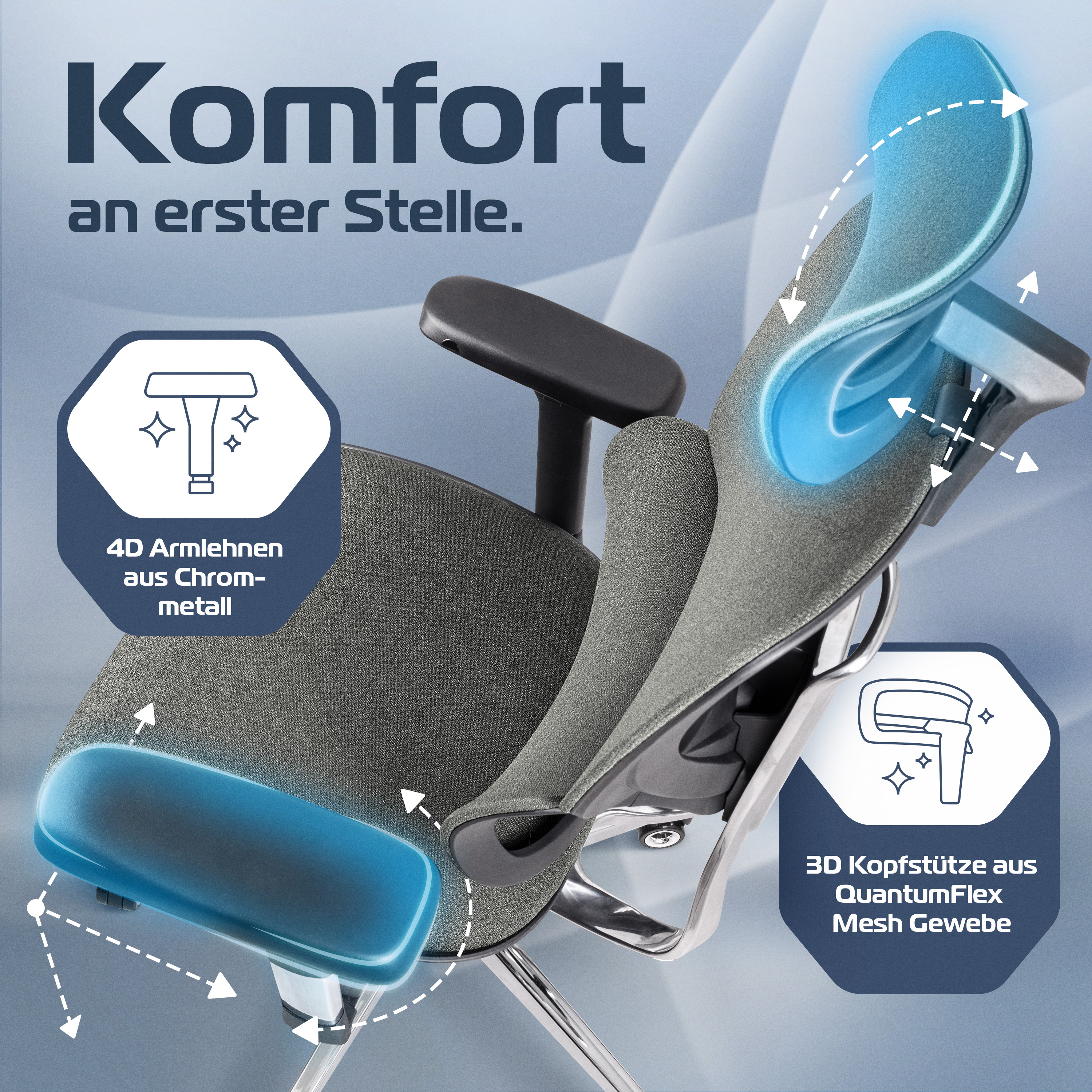 Ein Bürostuhl wird mit hervorgehobenen Merkmalen gezeigt. Der Text lautet "Komfort", 4D-Armlehnen und 3D-Kopfstütze.