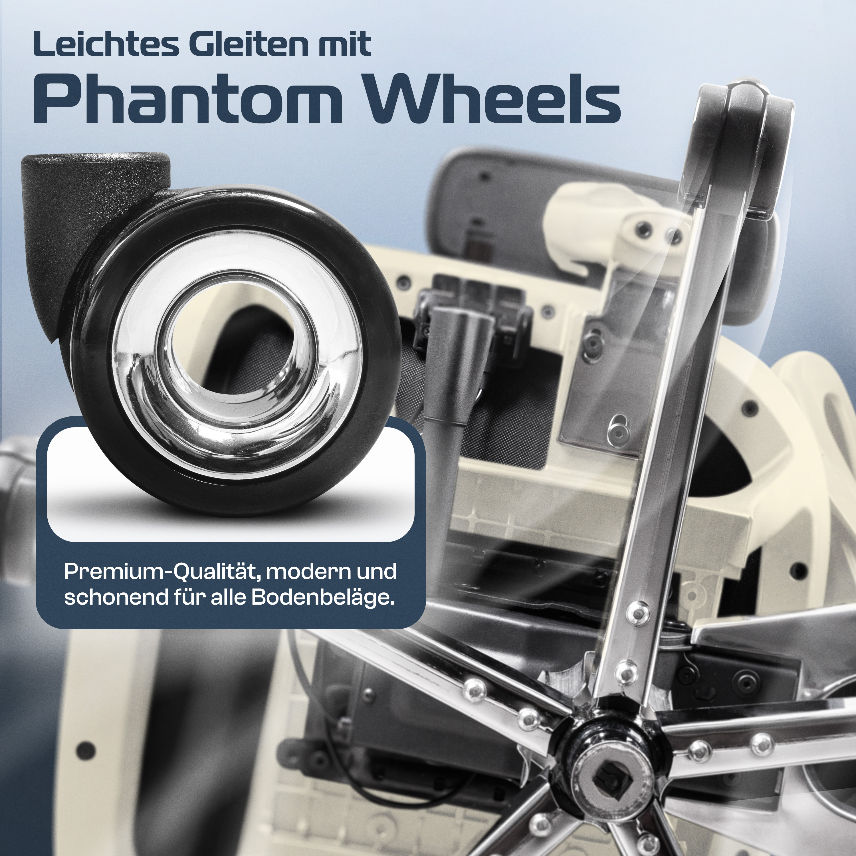Nahaufnahme eines schwarzen und verchromten Stuhlrads. Text: 'Phantom Wheels', betont Qualität und Bodenschutz.
