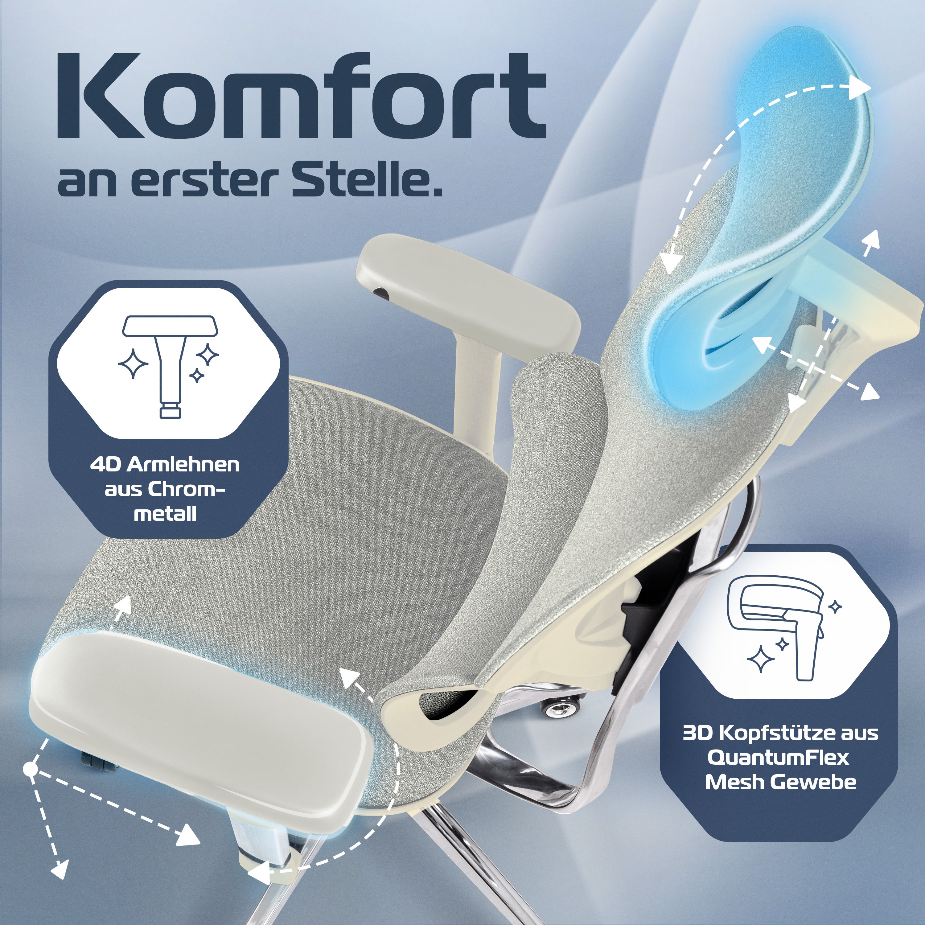 Ein Bürostuhl mit 4D-Chromarmlehnen und einer 3D-Kopfstütze aus QuantumFlex-Mesh-Gewebe. Der Text 'Komfort' wird angezeigt.