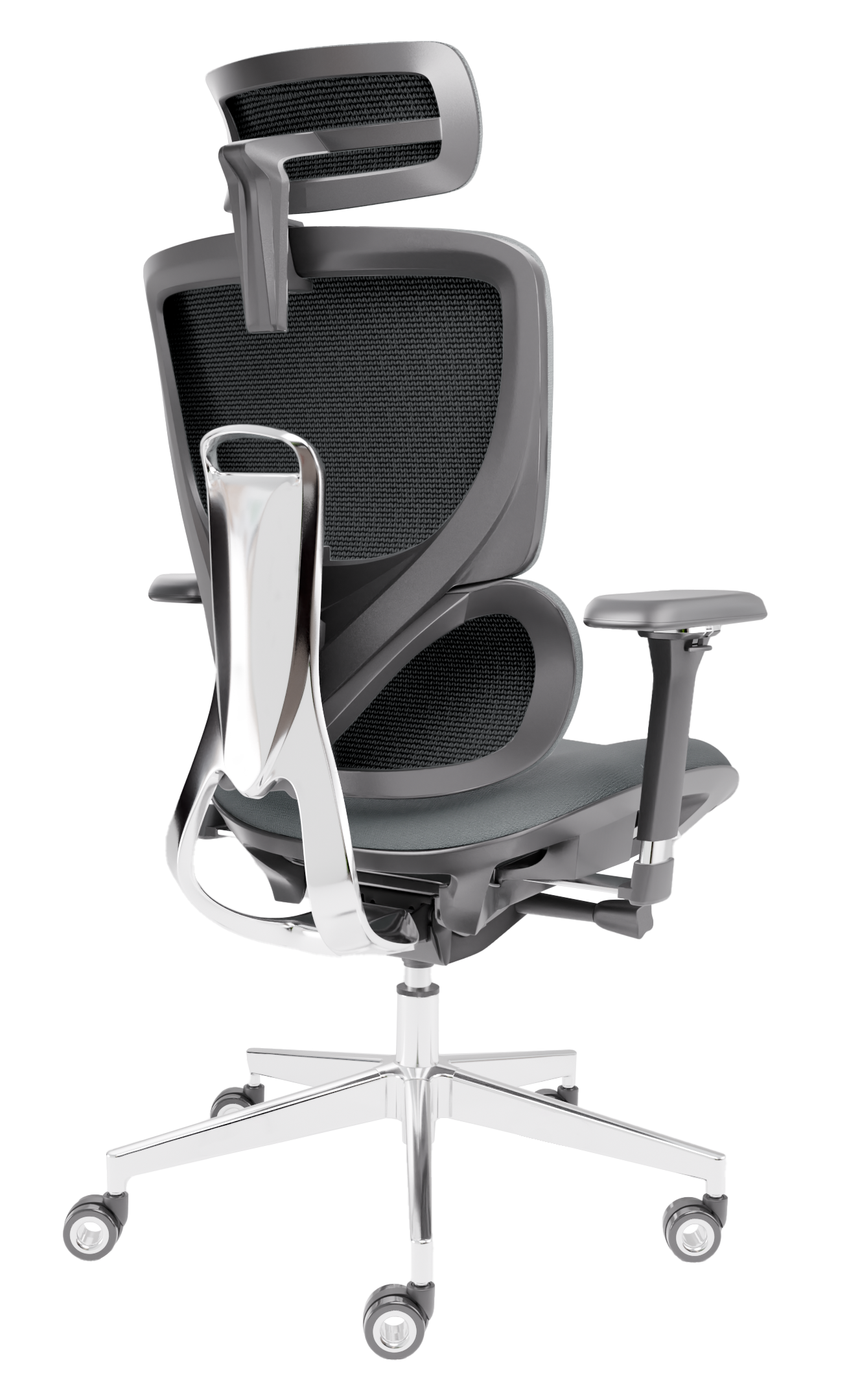 Ein ergonomischer Bürostuhl. Er hat eine graue Netzrückenlehne und Sitzfläche, Armlehnen und eine Kopfstütze. Die Basis ist verchromt mit Rollen.