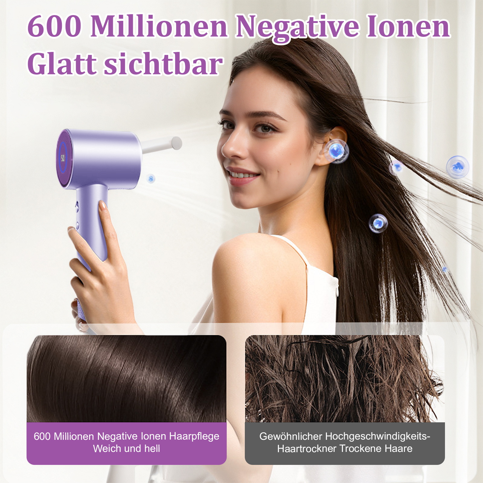 Eine Frau hält einen lila Fön. Blasen schweben in der Nähe ihrer Haare. Der Text oben lautet '600 Millionen negative Ionen'.