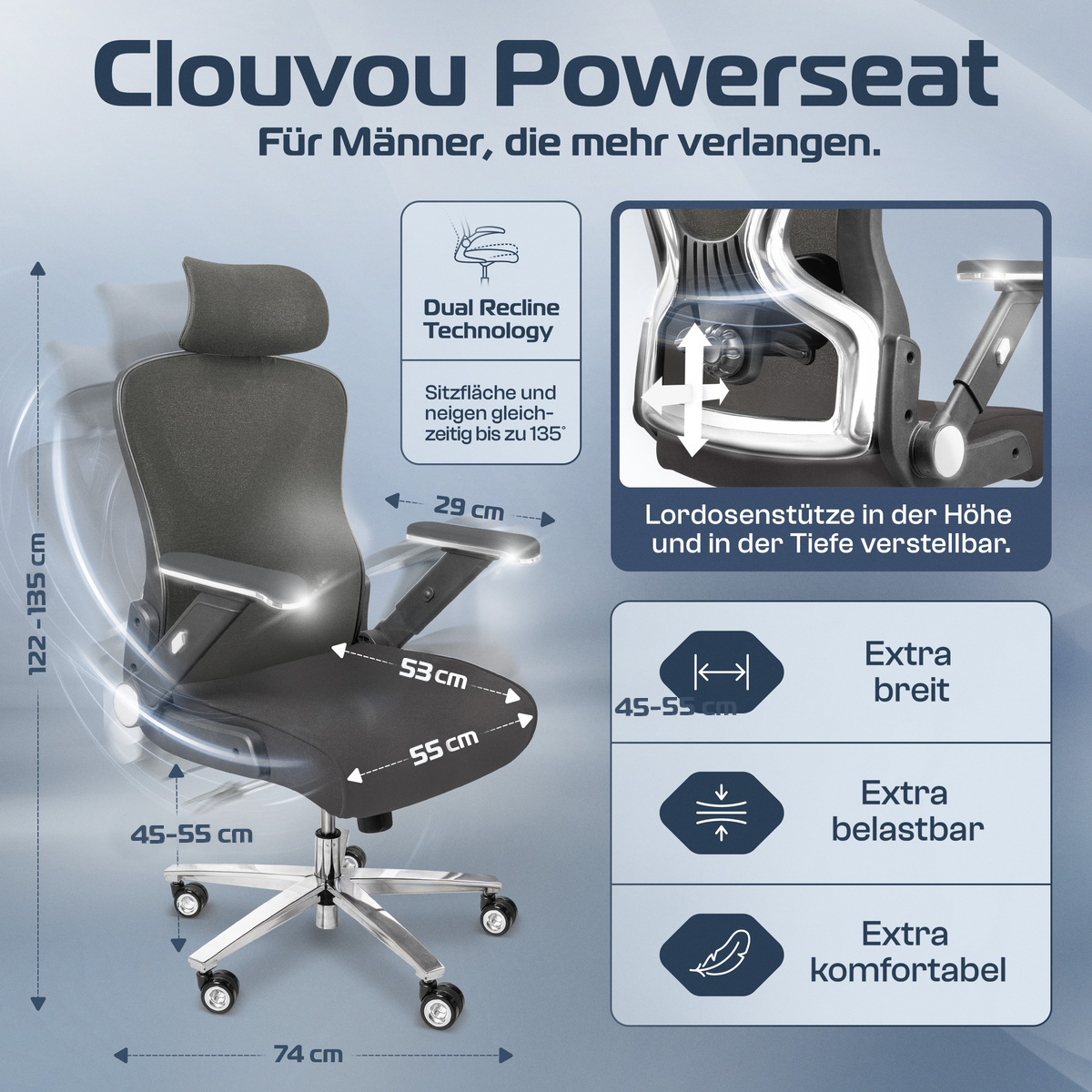 Ein ergonomischer Bürostuhl mit detaillierten Maßen und Funktionen. Er hat eine verstellbare Lendenwirbelstütze und Dual-Recline-Technologie.