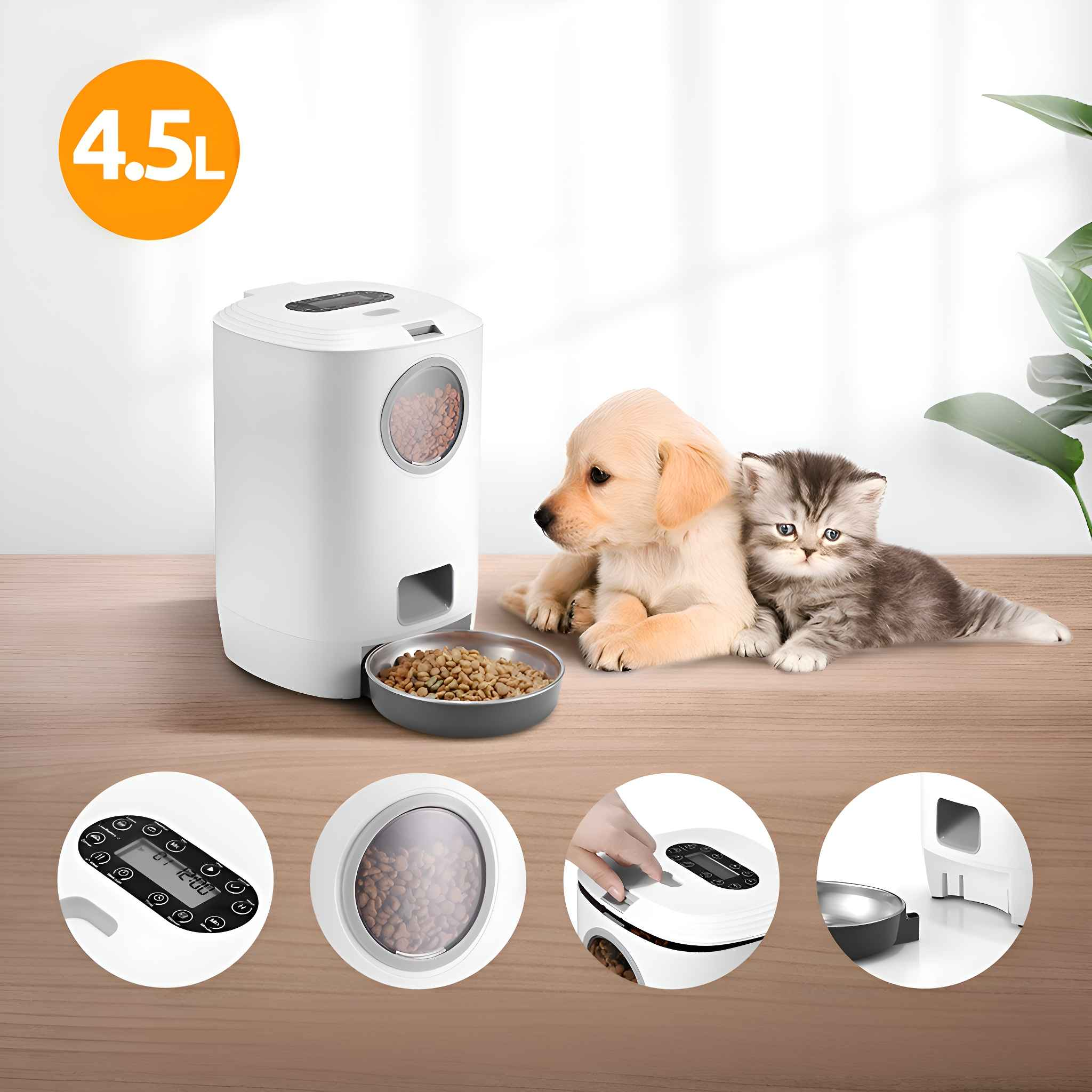 Ein weißer Tierfutterspender mit einem Welpen und einer Katze. Der Spender hat eine Futterschüssel, und die Tiere sind daneben.