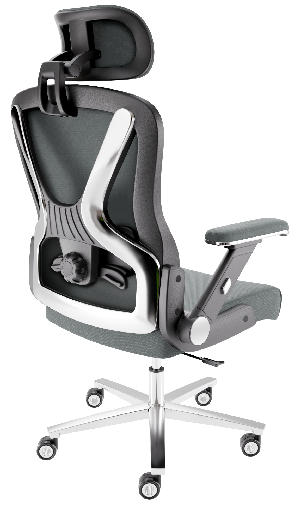 Ergonomischer Bürostuhl mit grauem Netzrücken, verstellbarer Kopfstütze, Chromrahmen und einem Fünf-Rollen-Fuß auf weißem Hintergrund.