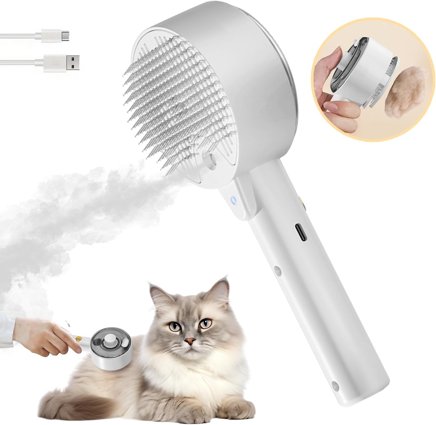 Ein weißes Katzenpflegegerät mit einer Katze. Das Werkzeug hat einen Bürstenkopf und einen Griff. Im Hintergrund befinden sich Ladekabel.