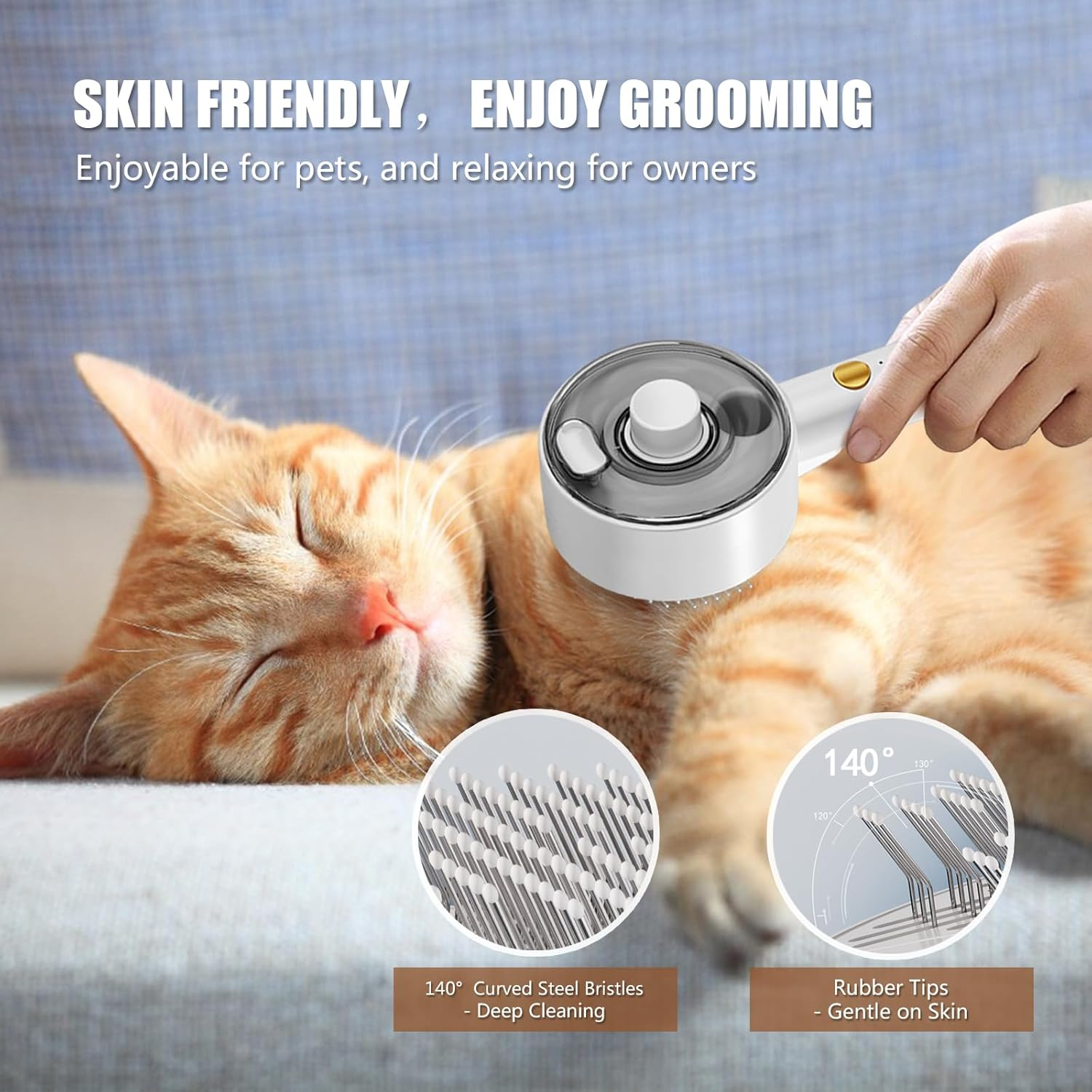 Eine Ingwerkatze wird mit einem weißen Werkzeug gepflegt. Der Text lautet "Skin Friendly, Enjoy Grooming". Diagramme zeigen gebogene Borsten und Gummispitzen.