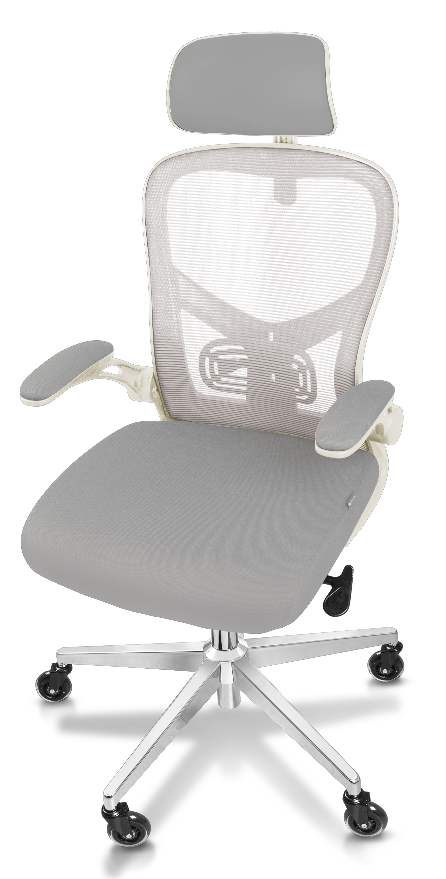 Ergonomischer Bürostuhl mit grauem Sitz, weißem Netzrücken und verstellbarer Kopfstütze. Silbernes Gestell mit Rädern, vor schwarzem Hintergrund.
