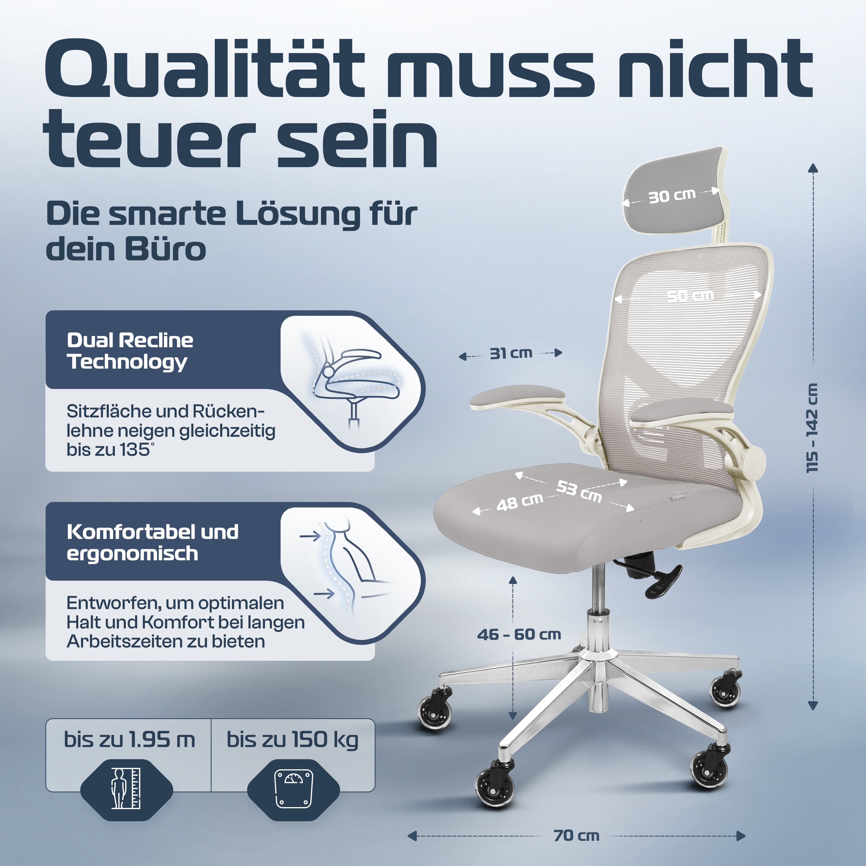 Ein ergonomischer Bürostuhl mit Maßen, Text und Diagrammen. Zu den Merkmalen gehören Dual-Recline-Technologie und Höhen-/Gewichtsbeschränkungen.