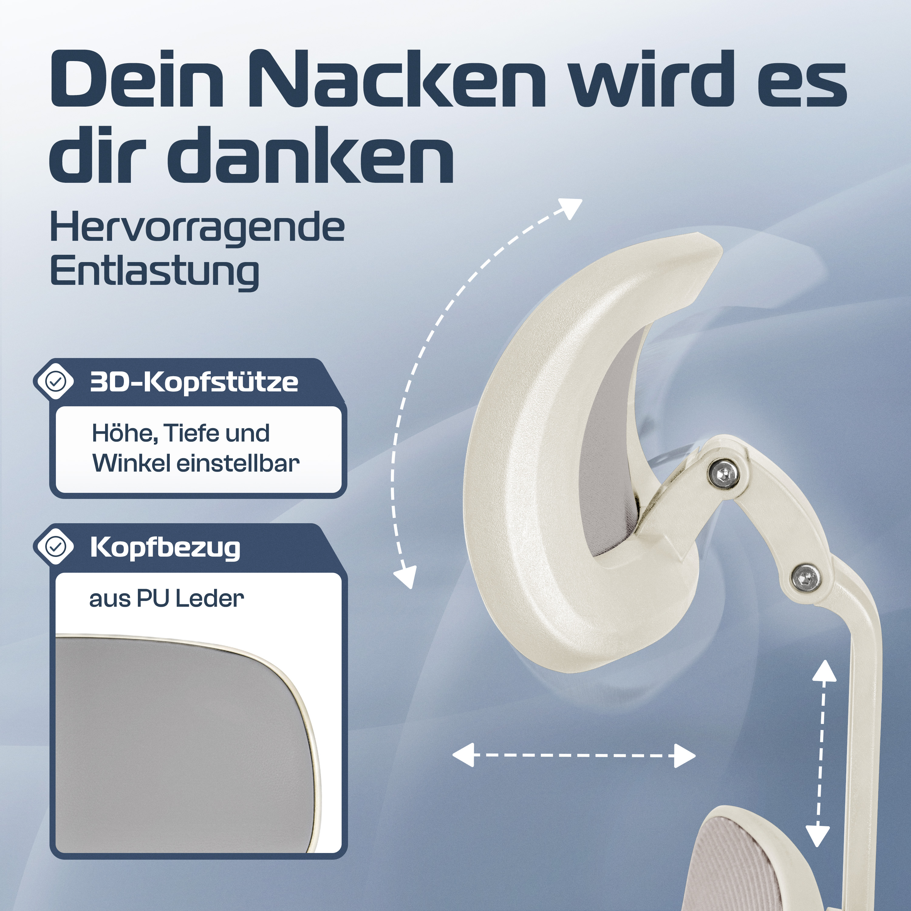 Ein verstellbares beiges Kopfstütze wird auf einem verschwommenen blauen Hintergrund gezeigt. Der Text beschreibt die Funktionen.