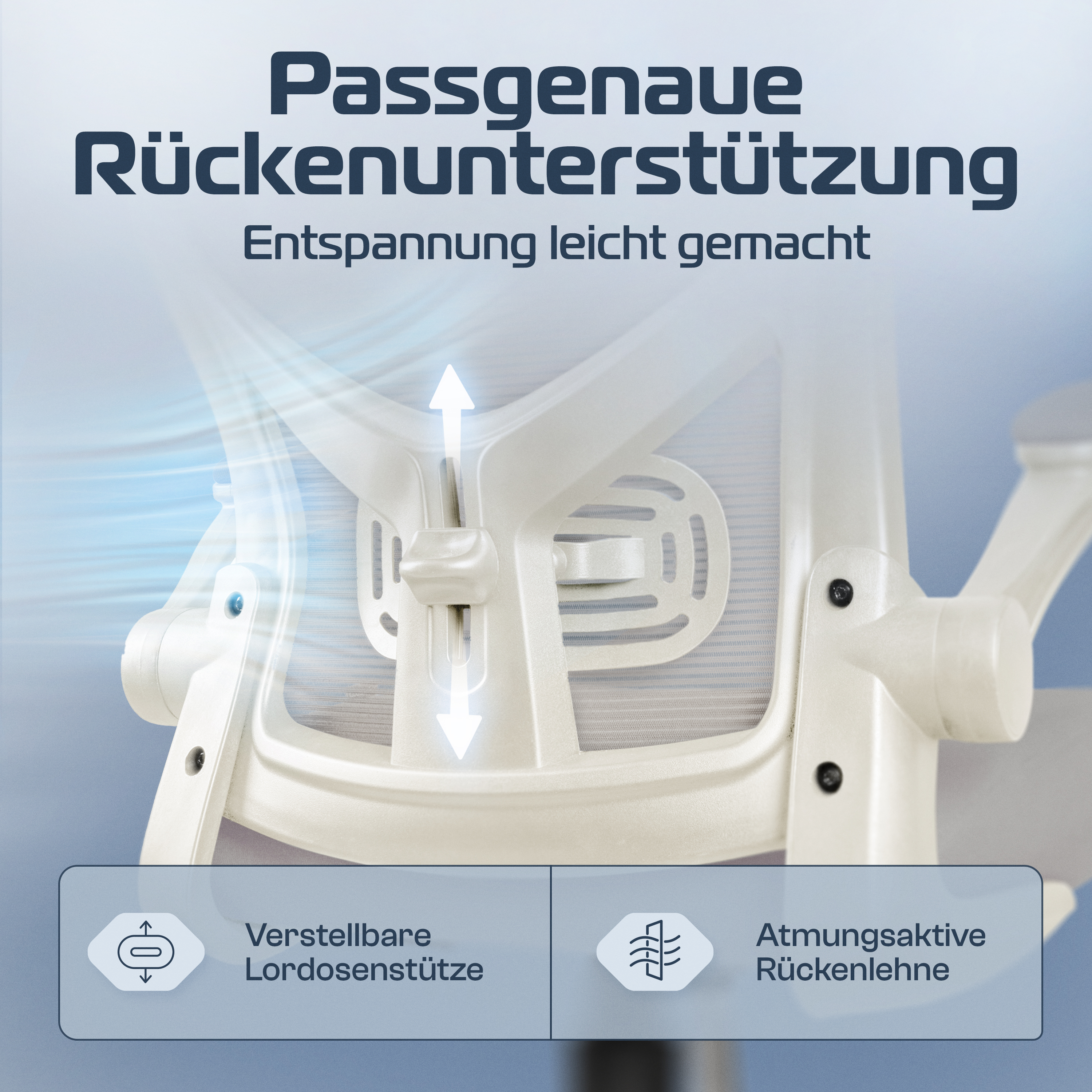 Weißer ergonomischer Stuhl mit verstellbarer Rückenstütze. Text hebt Merkmale hervor: verstellbare Lendenwirbelstütze, atmungsaktive Rückenlehne.